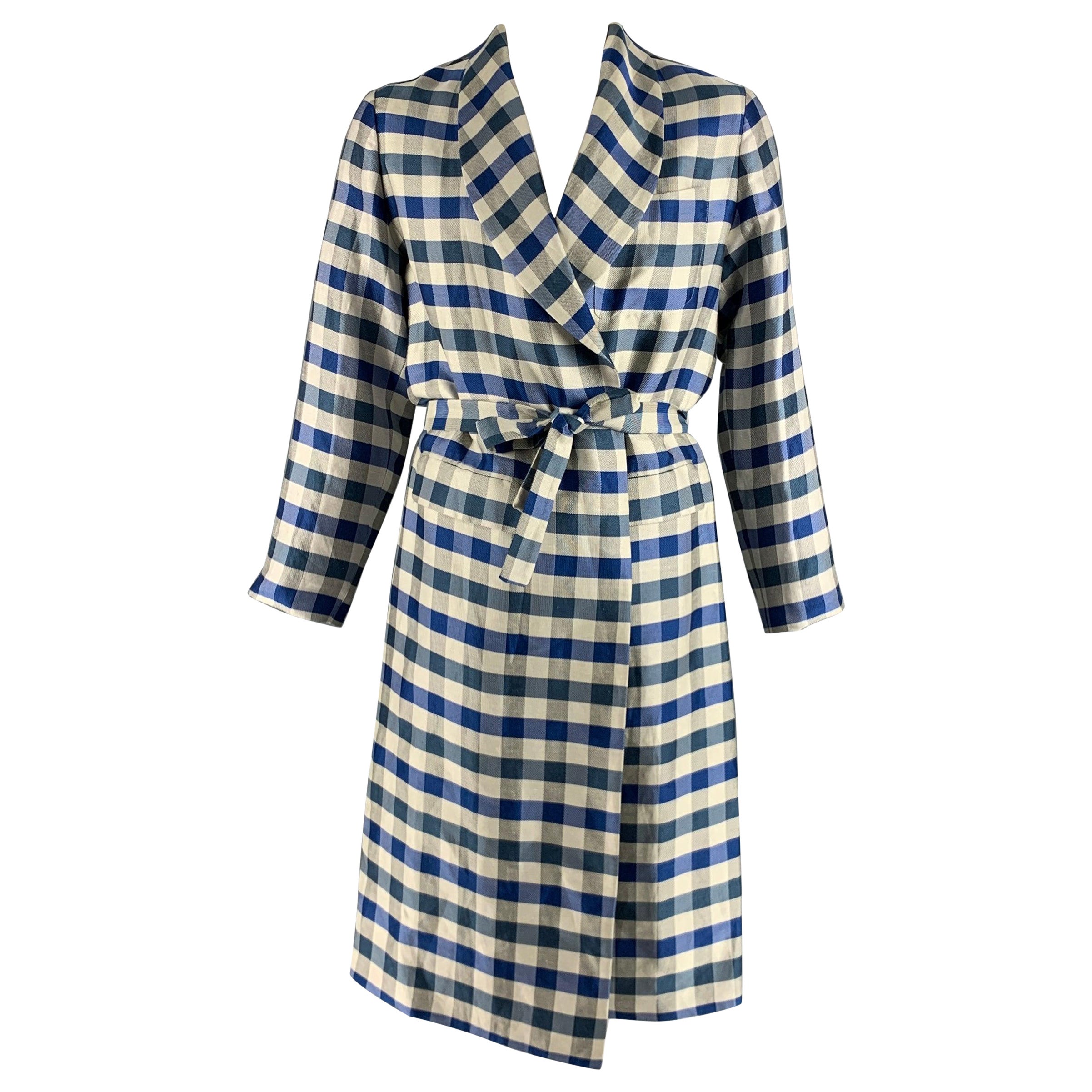 LA PERLA Size L Blue Off White Checkered Silk Linen Belted Robe For Sale