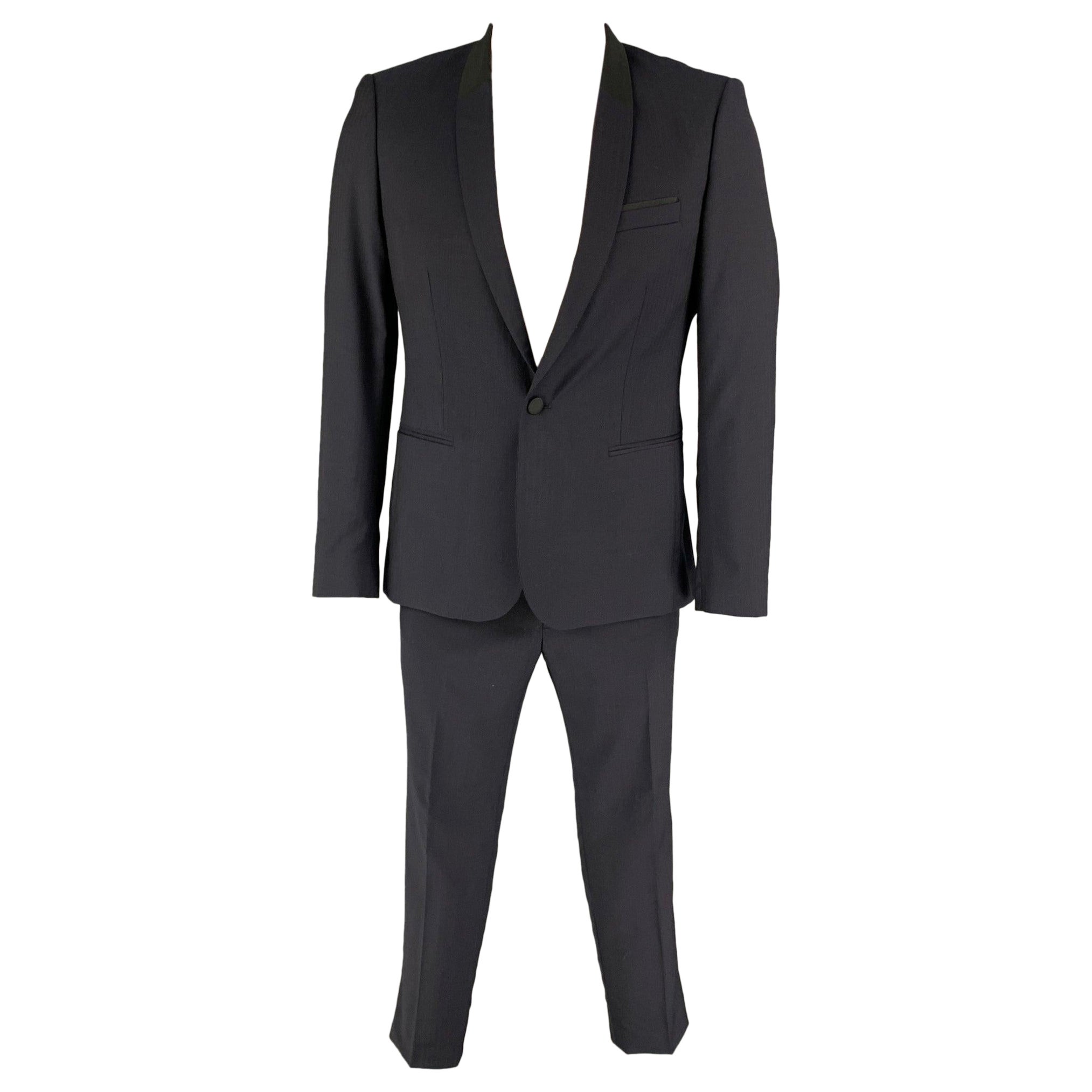 THE KOOPLES Size 40 Navy Black Herringbone Wool Mohair Tuxedo Suit For Sale