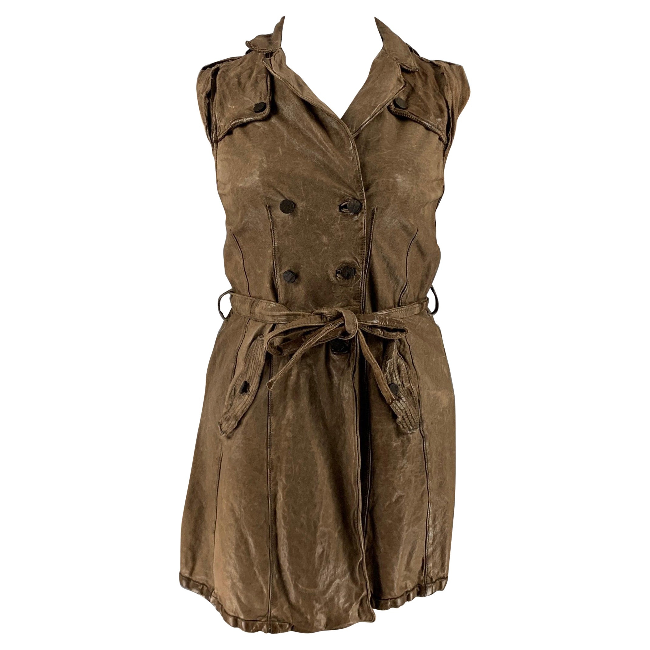 GIORGIO BRATO Size 10 Brown Taupe Leather Distressed Belted Vest For Sale