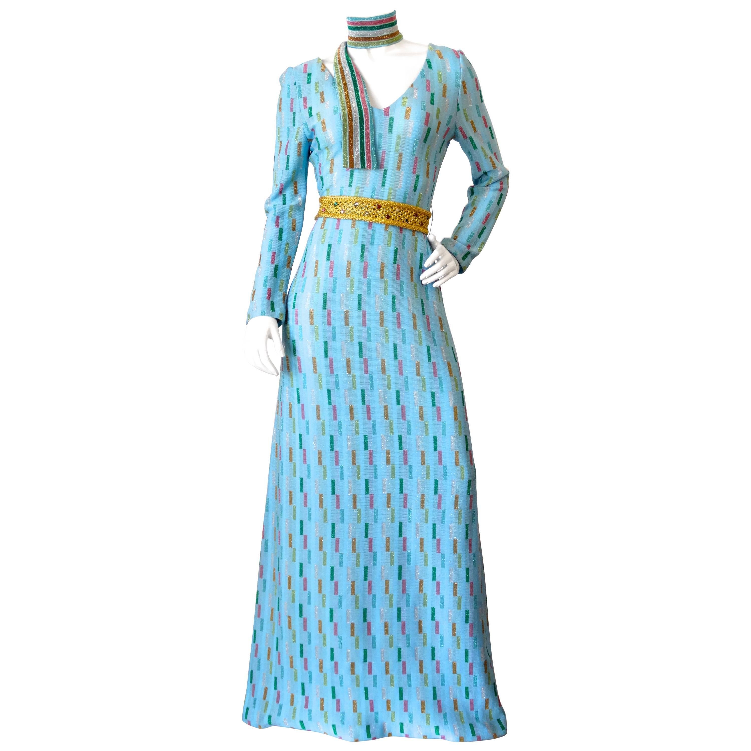 Super Model Length 1970s Missoni Multicolor Rectangle Pattern Knit Lame Gown 