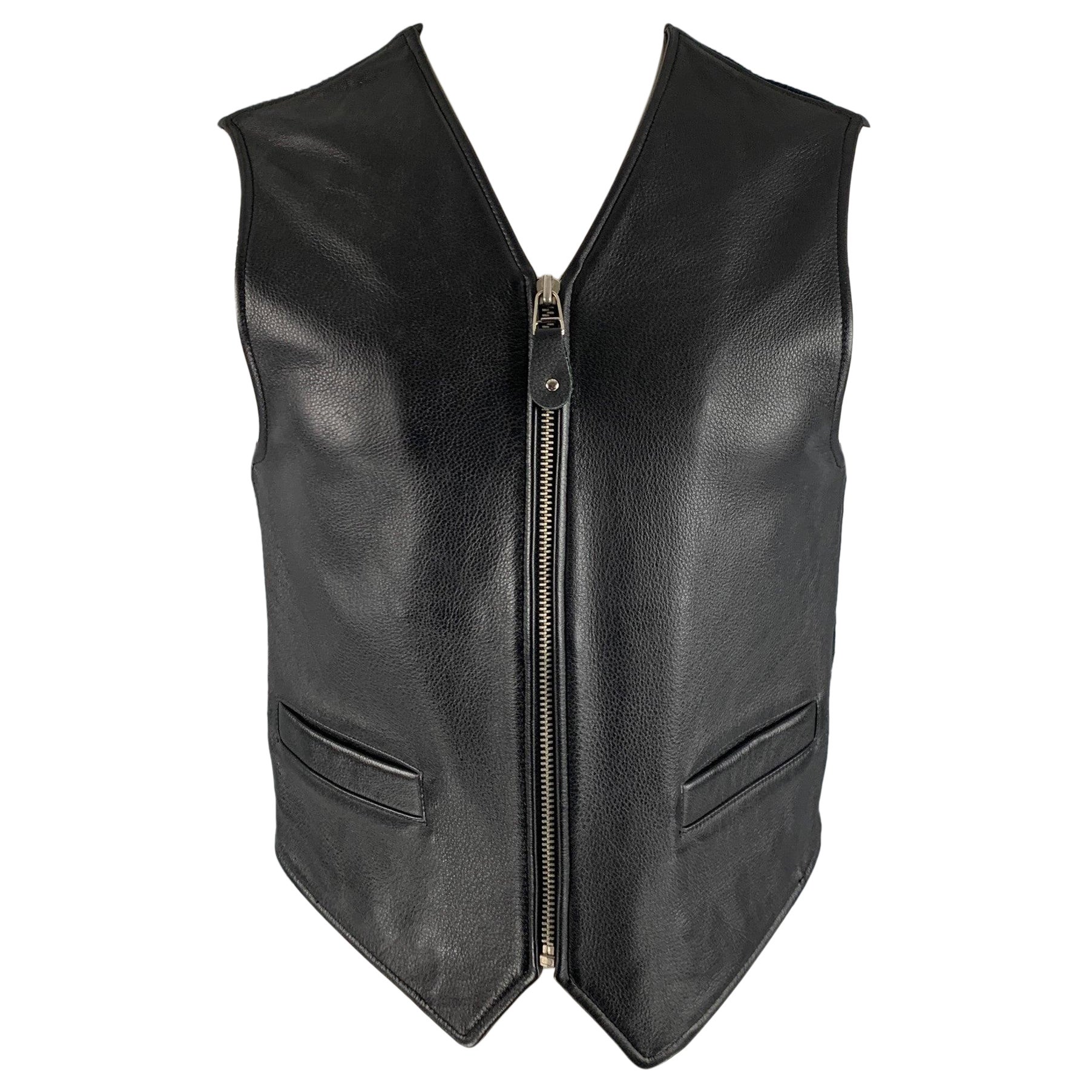 DONNA KARAN Size S Black Mixed Materials Leather Zip Up Vest For Sale