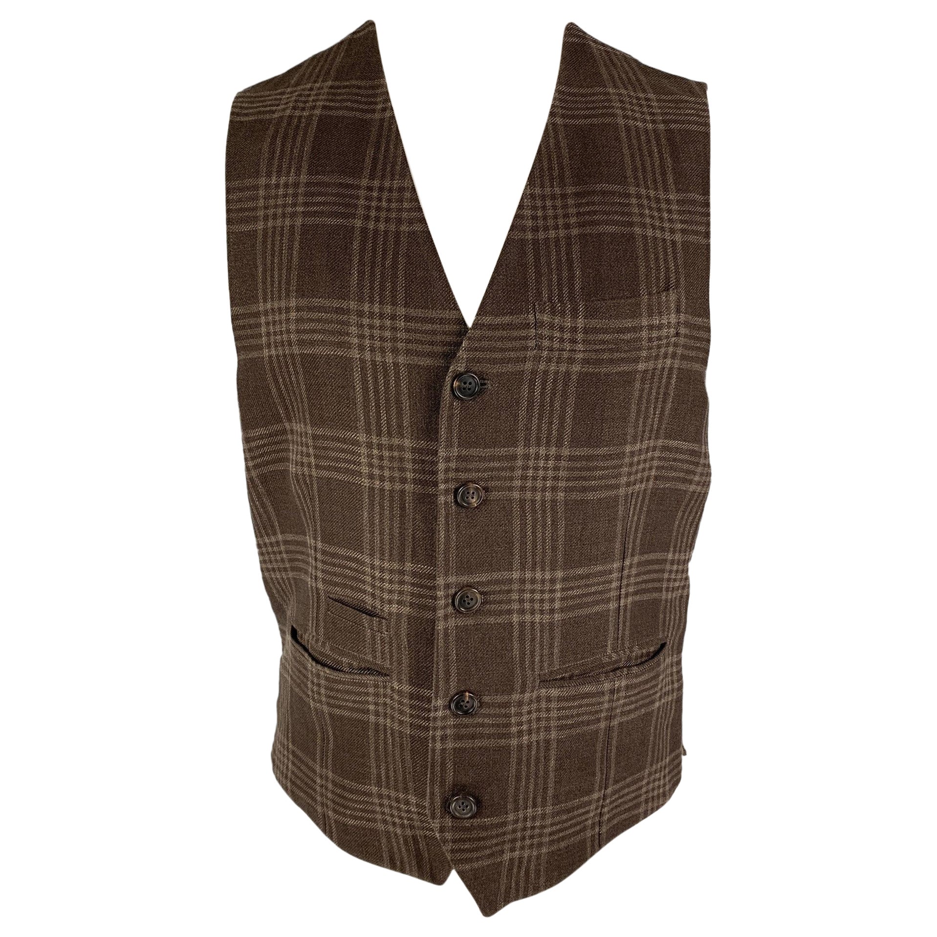 BRUNELLO CUCINELLI Size M Brown Plaid Linen Blend Buttoned Vest For Sale