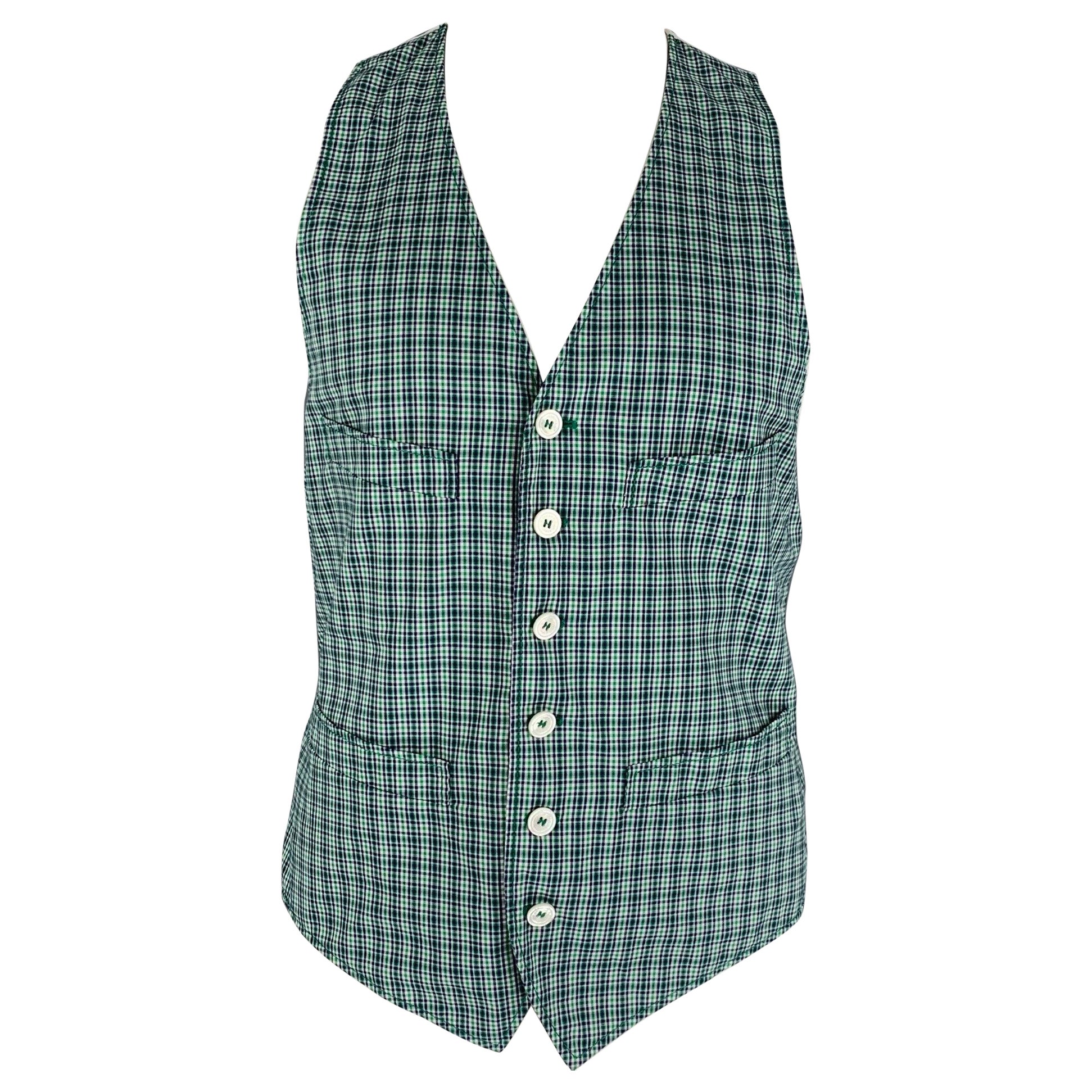 DSQUARED2 Size 44 Green Navy White Plaid Cotton Buttoned Vest For Sale