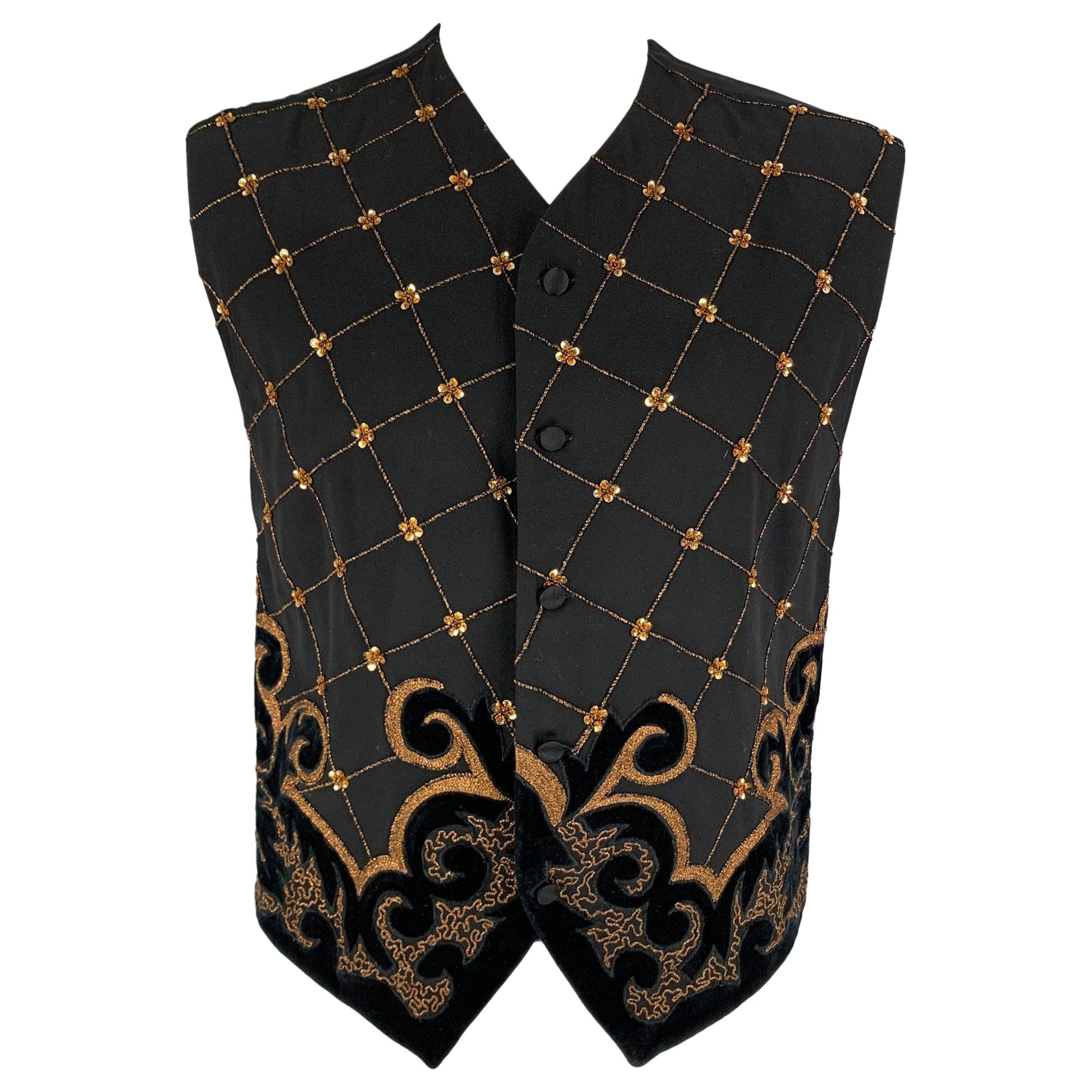 Vintage BYBLOS Size 42 Black Gold Embroidery Wool Buttoned Vest For Sale