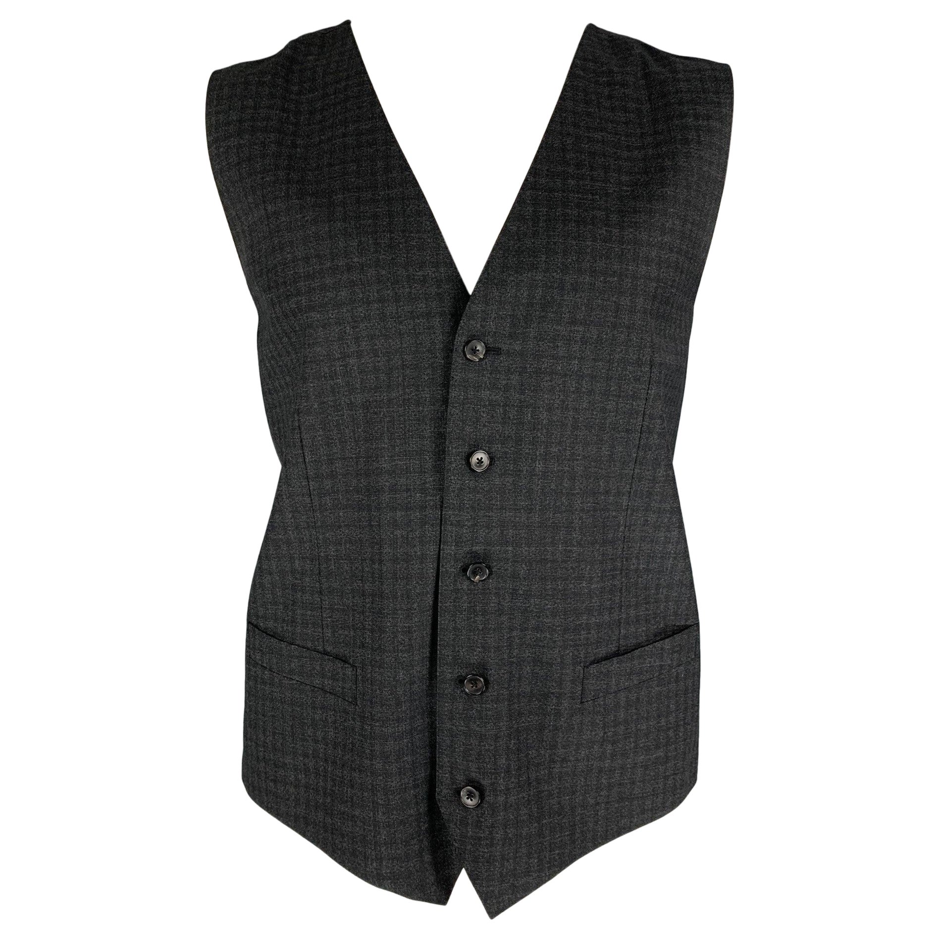 DOLCE & GABBANA Size 46 Charcoal Plaid Wool Buttoned Grey Vest For Sale