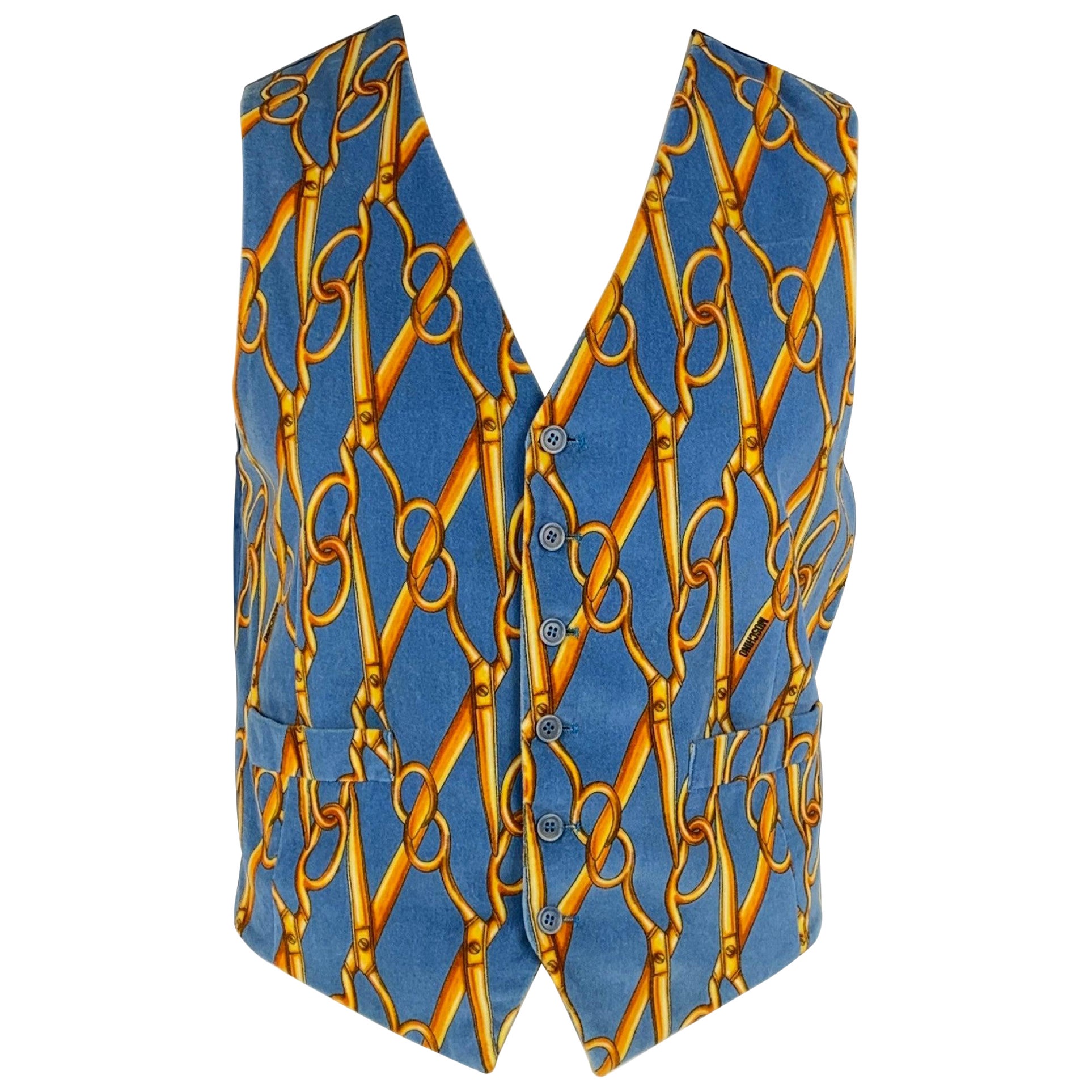 Vintage CHEAP and CHIC by MOSCHINO Size 42 Blue & Yellow Velvet Buttoned Vest For Sale