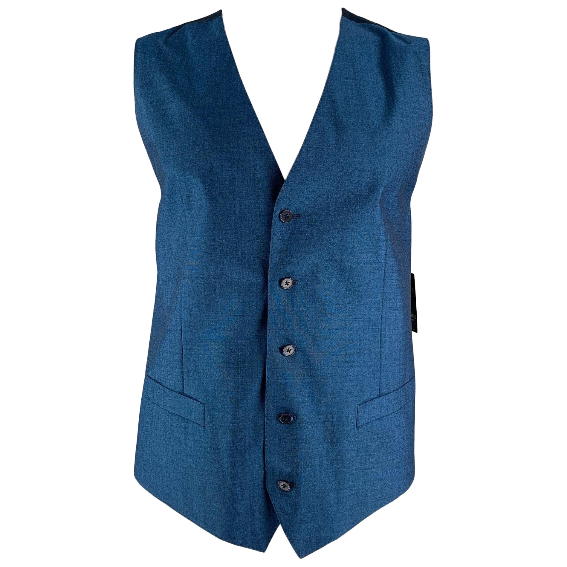 DOLCE & GABBANA Size 46 Solid Wool &  Mohair Buttoned Blue Vest For Sale
