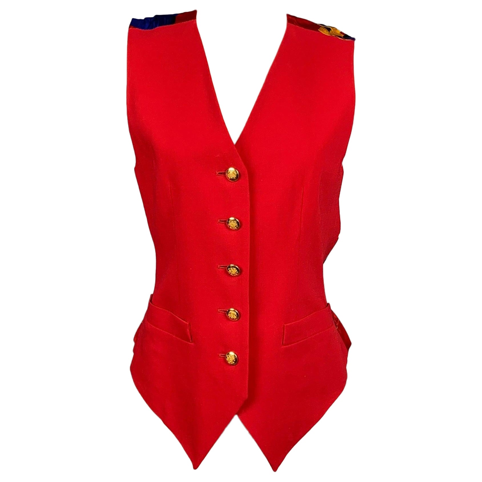 Vintage ESCADA Size 4 Red & Blue Gold Silk Equestrian Vest For Sale