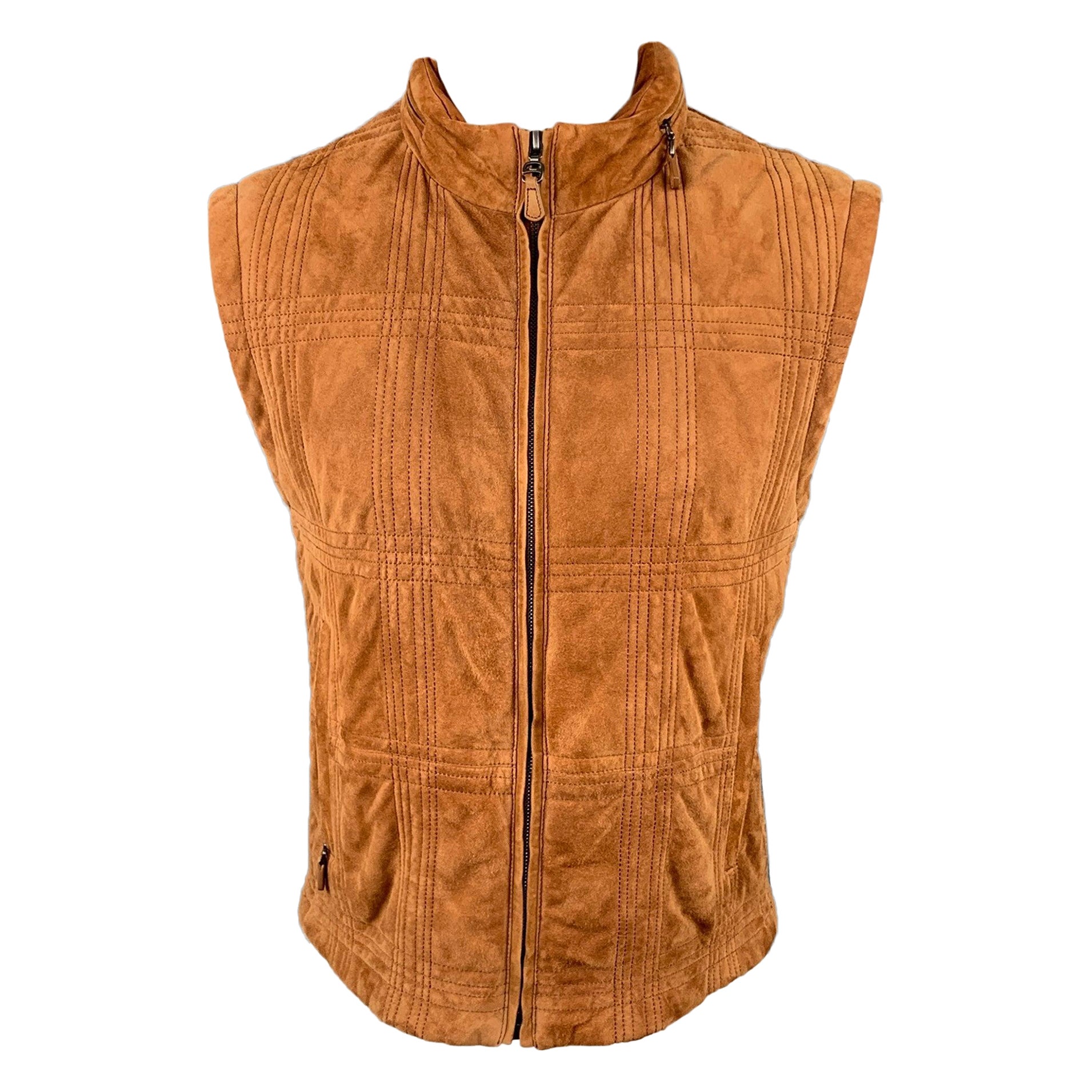 SALVATORE FERRAGAMO Size 42 Tan Suede Quilted Zip Up Hooded Vest For Sale
