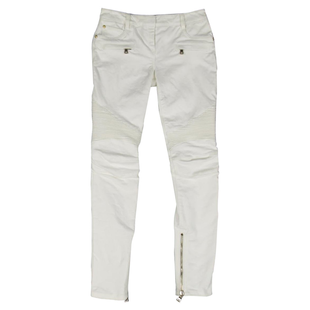 BALMAIN Size 4 White Cotton Gold Zip Moto Jeans For Sale