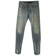 DIOR HOMME Größe 29 Blaue beschichtete Baumwoll-Fly Jeans mit Knopfleiste