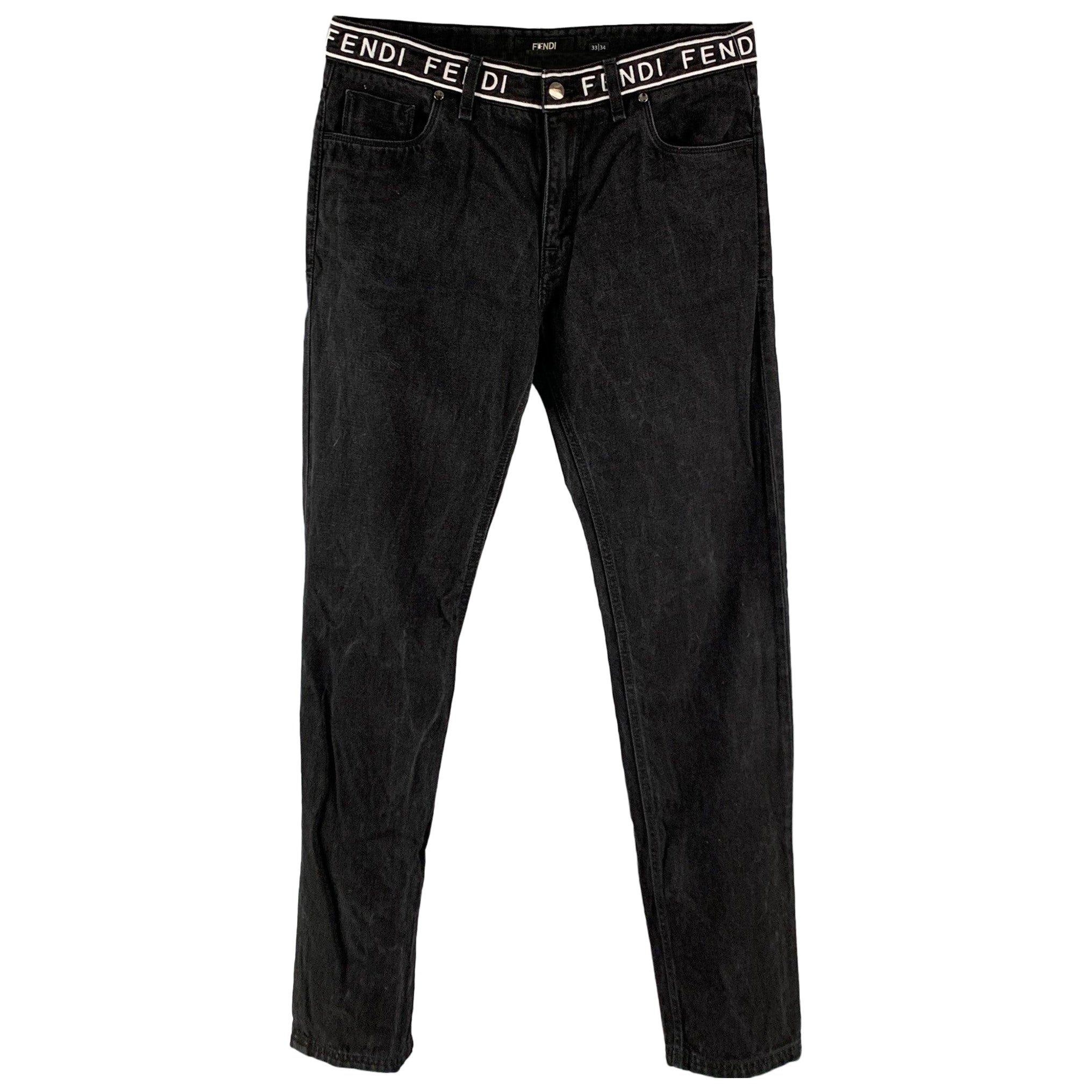 FENDI Size 33 Black White Logo Cotton Zip Fly Jeans For Sale