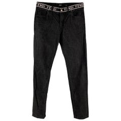 FENDI Größe 33 Schwarz Weiß Logo Baumwolle Zip Fly Jeans