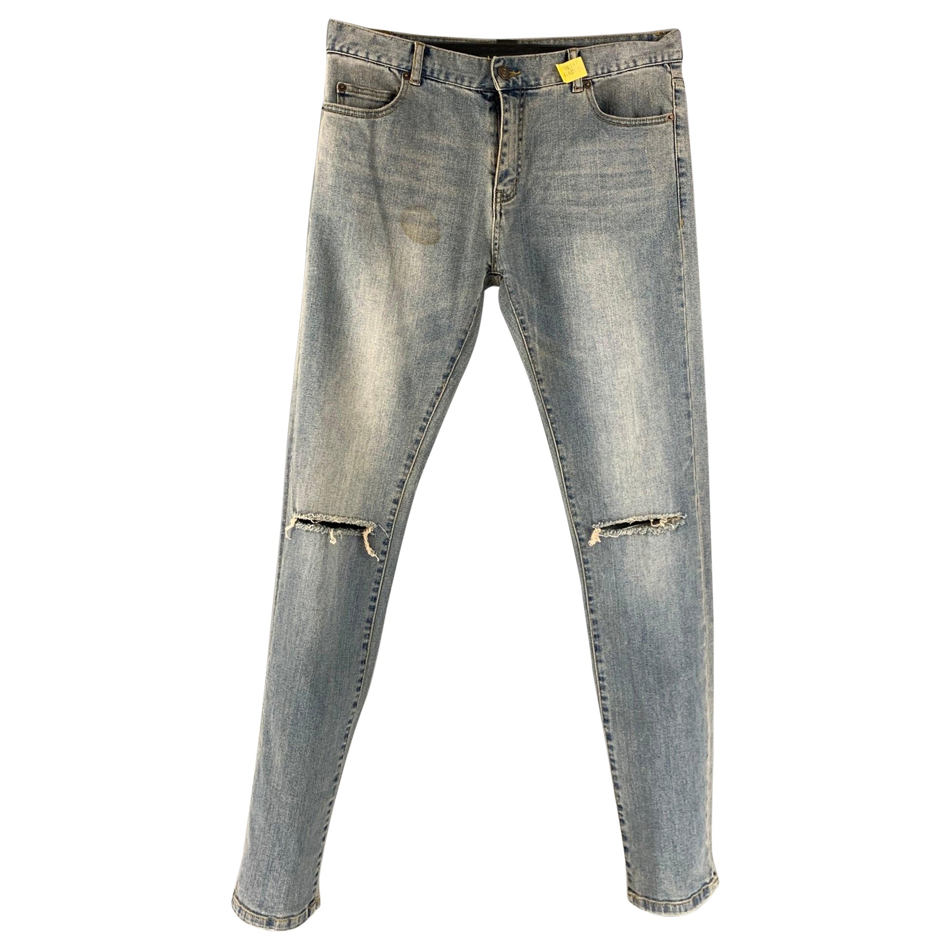 SAINT LAURENT Size 32 Light Blue Washed Denim Slim Jeans For Sale
