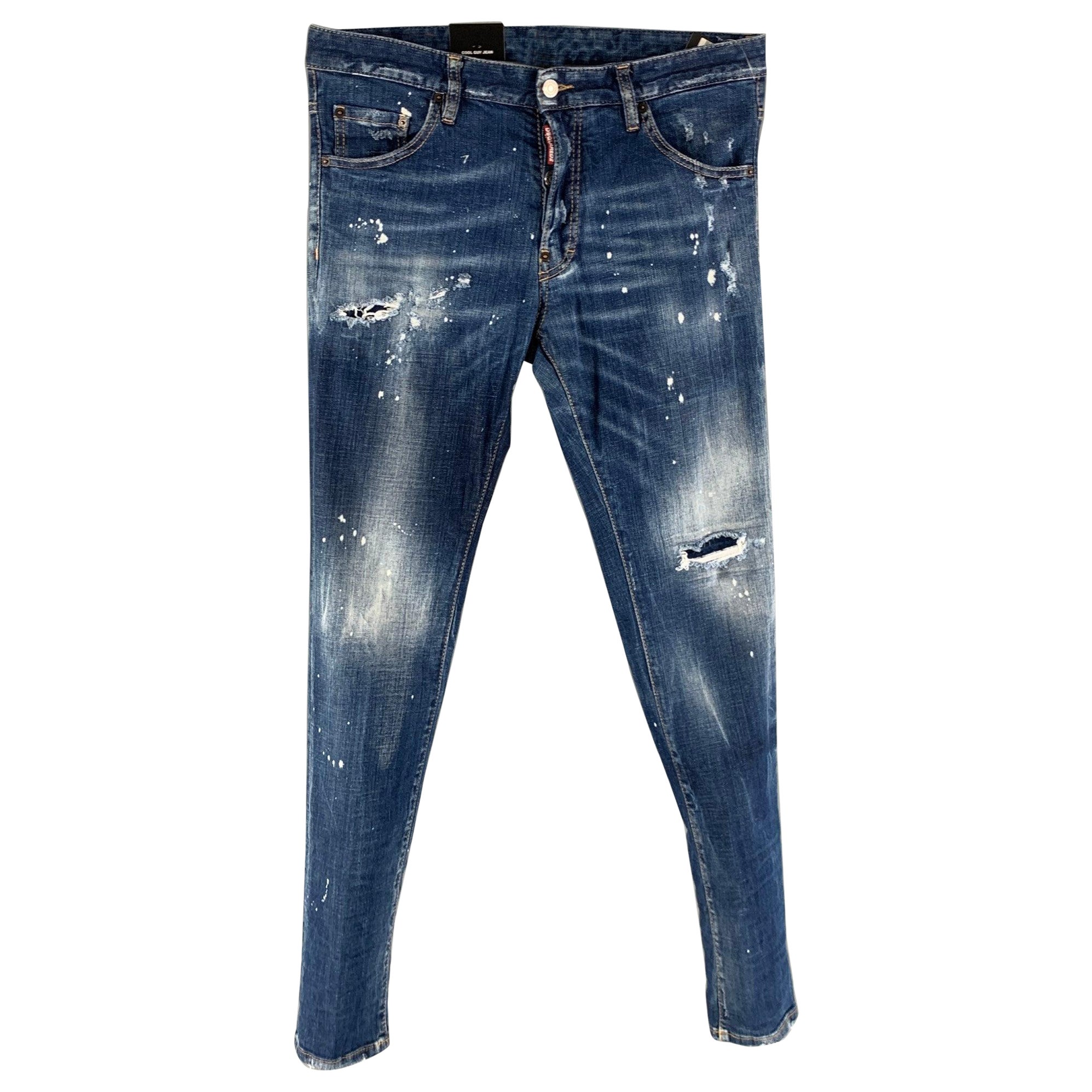 DSQUARED2 Size 32 Blue Distressed Cotton  Elastane Button Fly Jeans For Sale