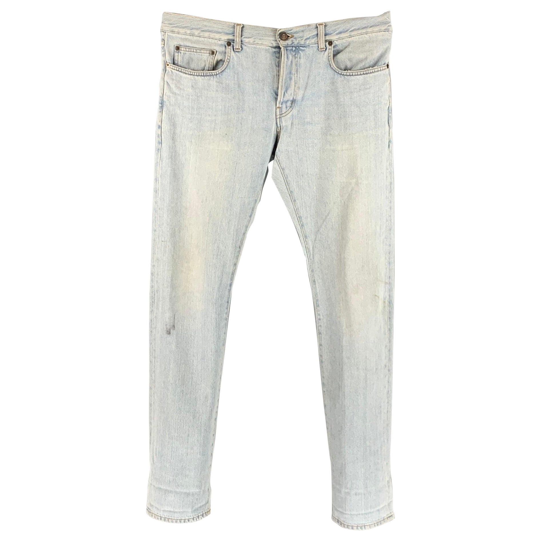 SAINT LAURENT Size 33 Light Blue Cotton Elastane Button Fly Jeans For Sale