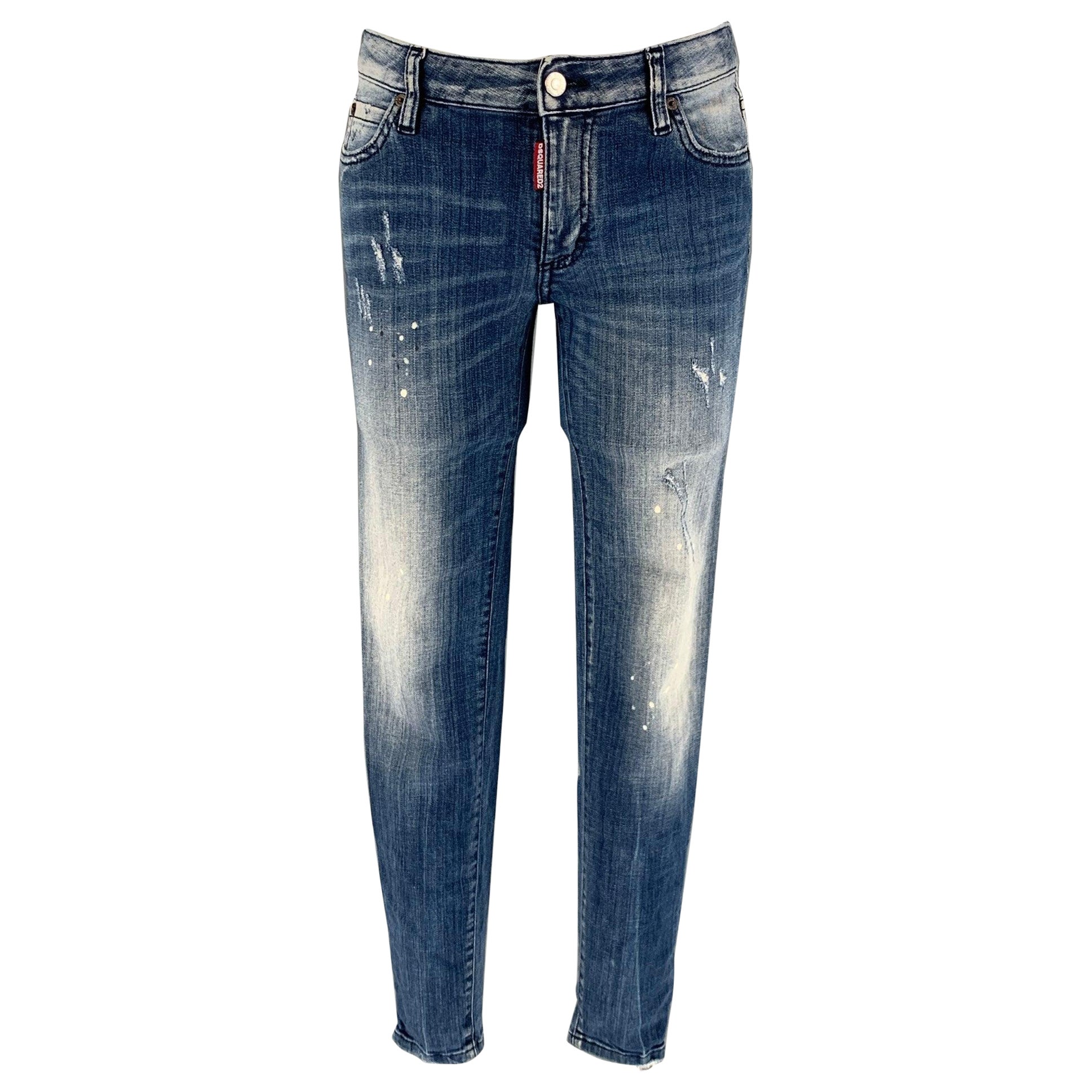 DSQUARED2 Size 6 Blue White Cotton  Elastane Paint Splattered Narrow leg Jeans For Sale