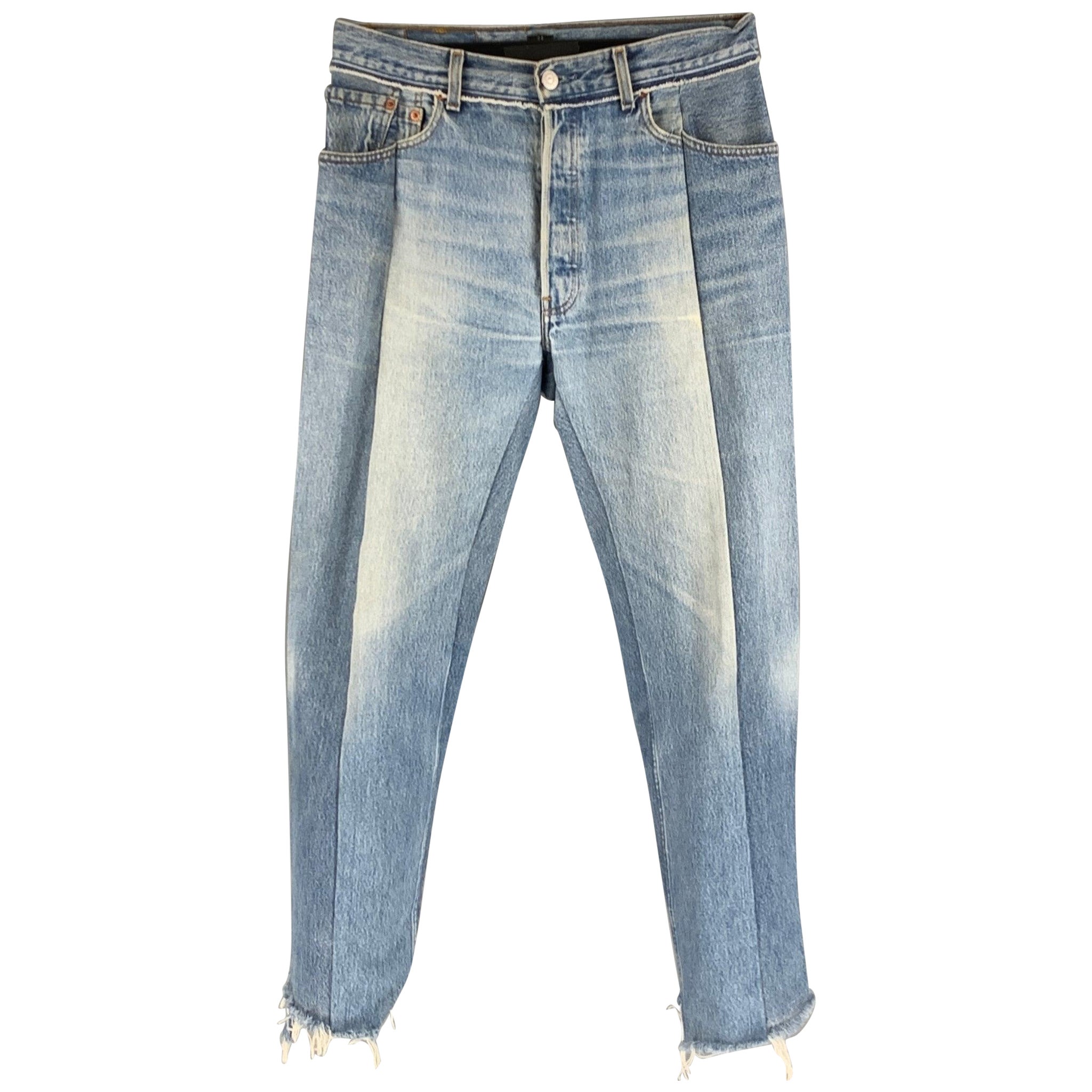 VETEMENTS Size 30 Blue Distressed Cotton Button Fly Jeans For Sale