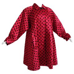 Unique Christian Dior Red Silk Swing Coat with Black Polka Dots Size 10 1980s 12
