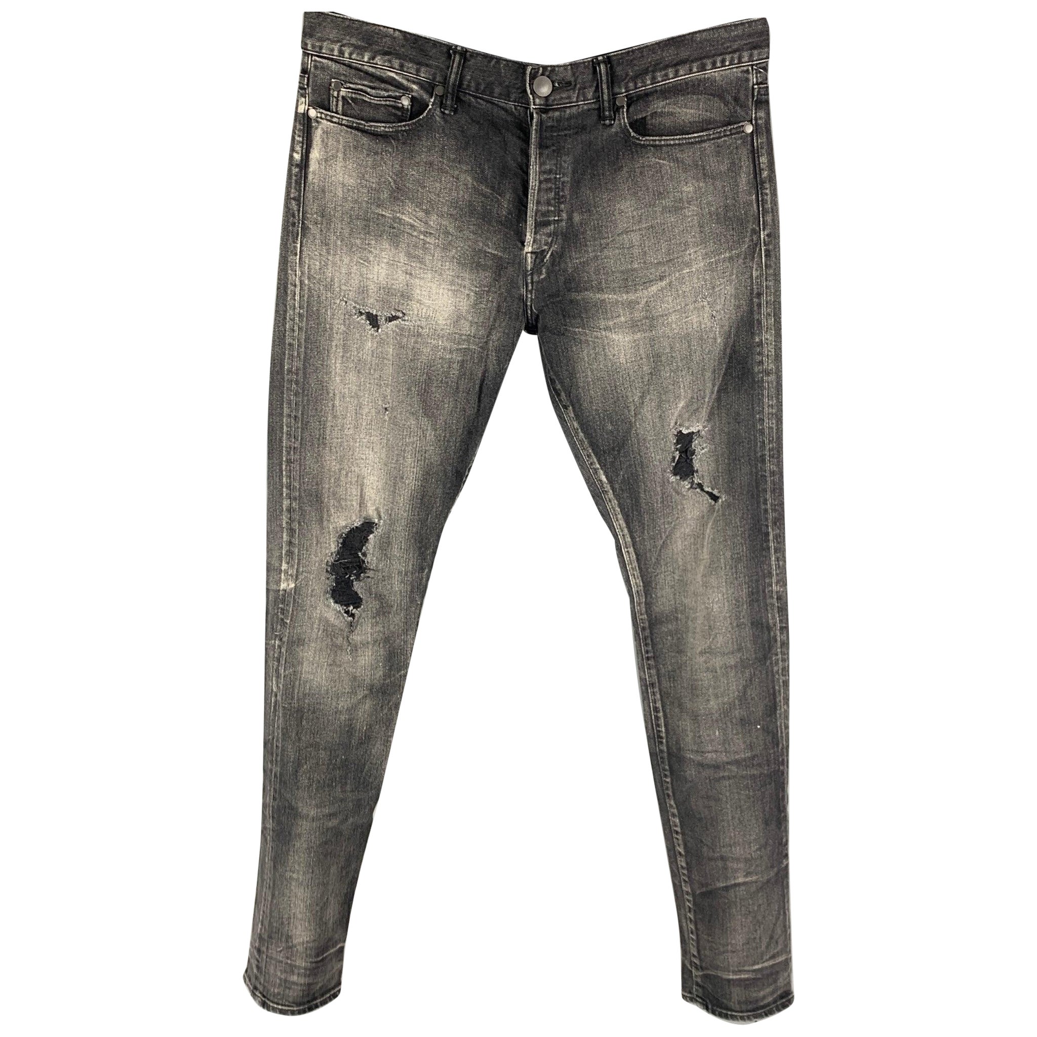 JOHN ELLIOTT Size 34 Grey Distressed Cotton Button Fly Jeans For Sale