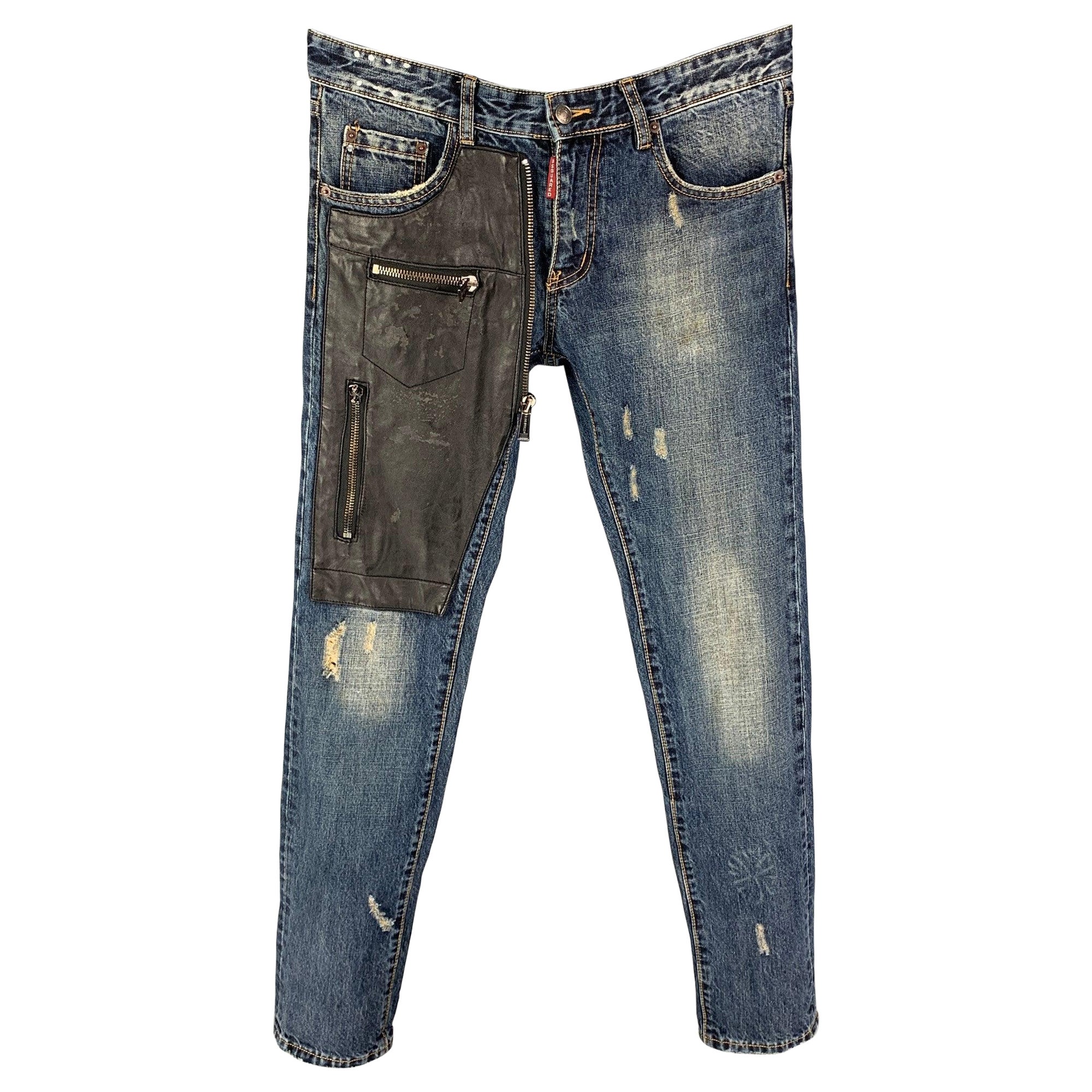DSQUARED2 Size 32 Blue Black Distressed Cotton Skinny Slim Jeans For Sale