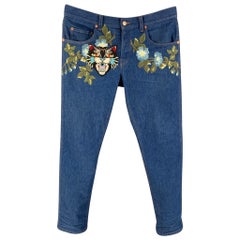 GUCCI Size 34 Blue Multi-Color Embroidery Denim Straight Jeans