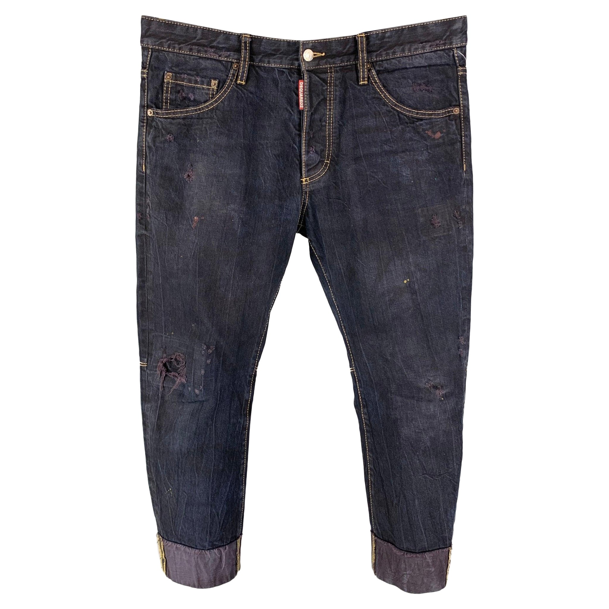 DSQUARED2 Size 34 Dark Navy Distressed Cotton Cropped Jeans For Sale