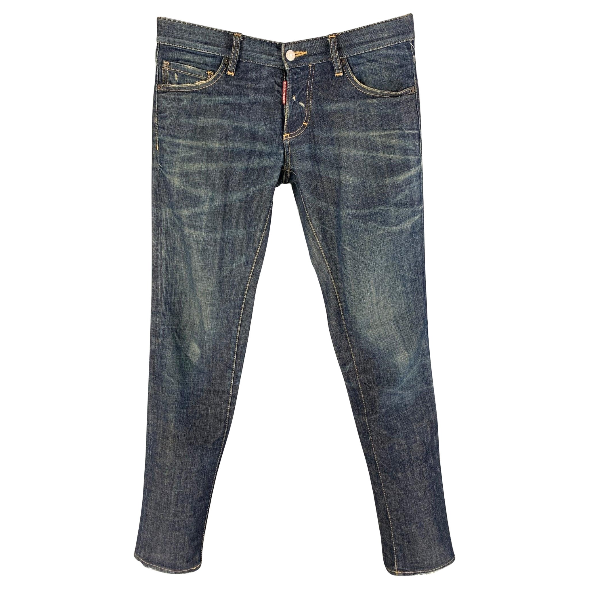 DSQUARED2 Size 30 Indigo Contrast Stitch Cotton Skinny Jeans For Sale