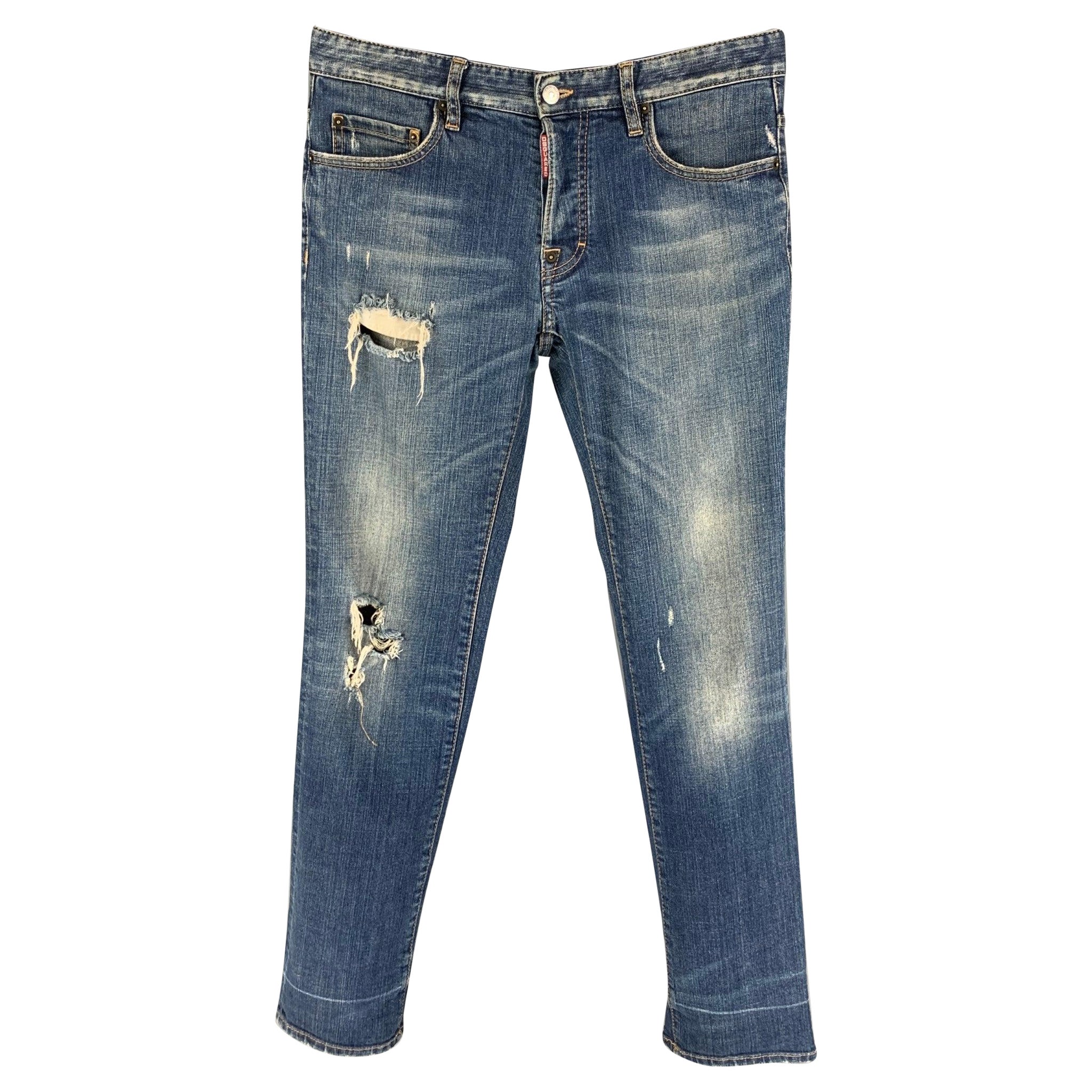 DSQUARED2 Size 30 Indigo Distressed Cotton Jeans For Sale
