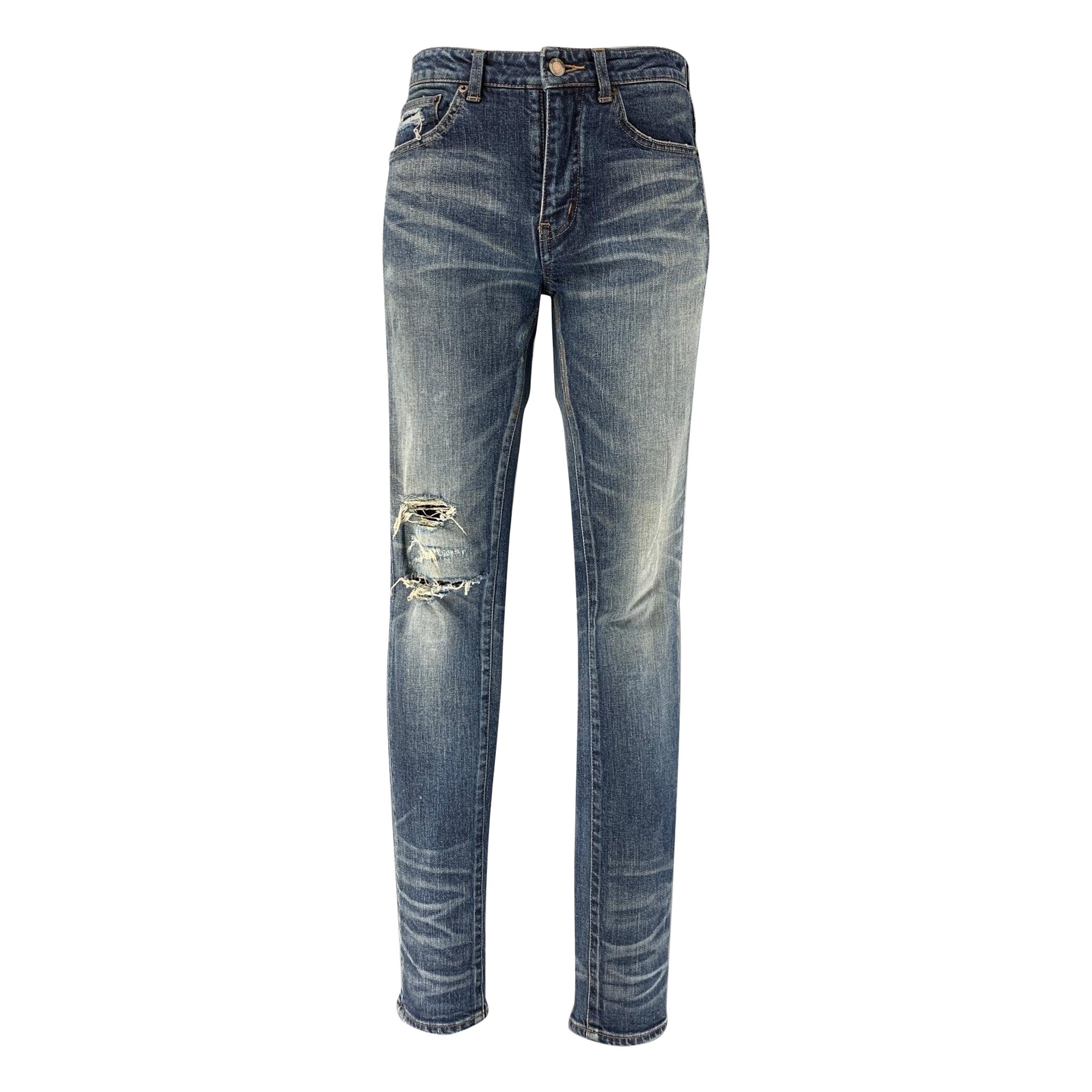 SAINT LAURENT Size 26 Blue Cotton &  Elastane Distressed Skinny Jeans For Sale