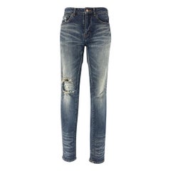 SAINT LAURENT Size 26 Blue Cotton &  Elastane Distressed Skinny Jeans