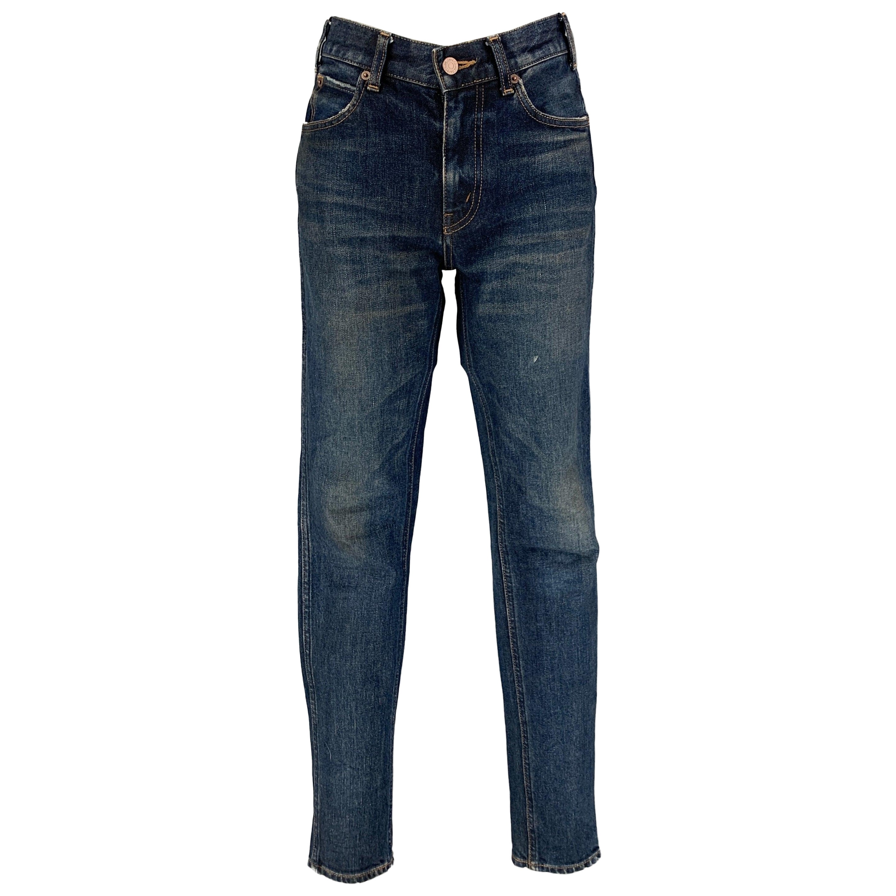 CELINE Size 26 Dark Blue Cotton Slim Patch Jeans For Sale