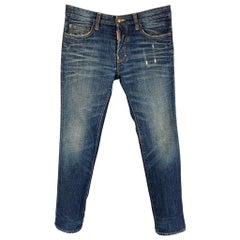 DSQUARED2 Größe 30 Blaue Distressed Fly Jeans mit geradem Knopfleiste im Used-Look