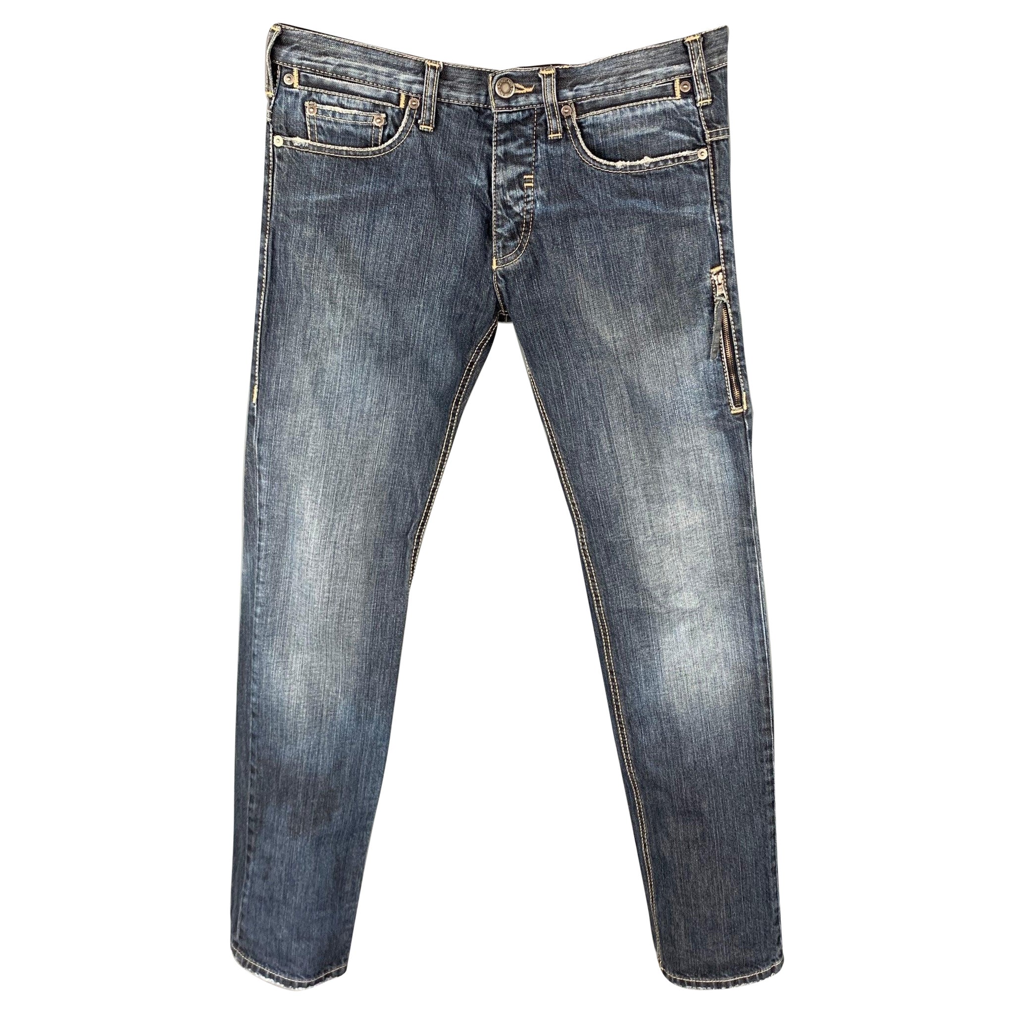 NEIL BARRETT Size 30 Indigo Distressed Denim Button Fly Jeans For Sale