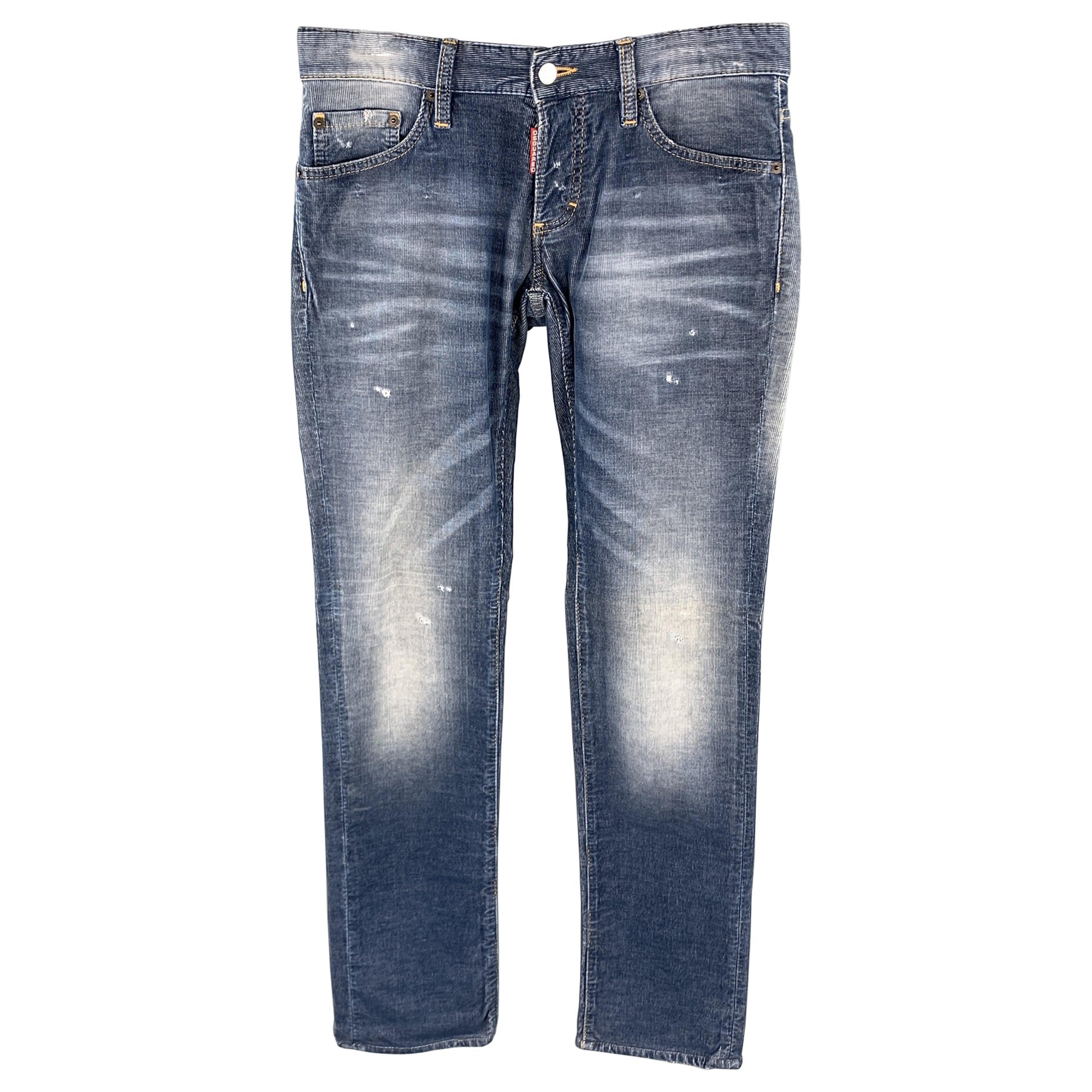DSQUARED2 Size 32 Blue Washed Corduroy Distressed Jeans For Sale
