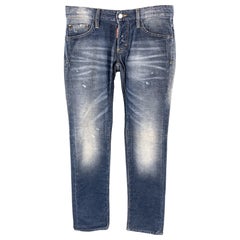 Used DSQUARED2 Size 32 Blue Washed Corduroy Distressed Jeans
