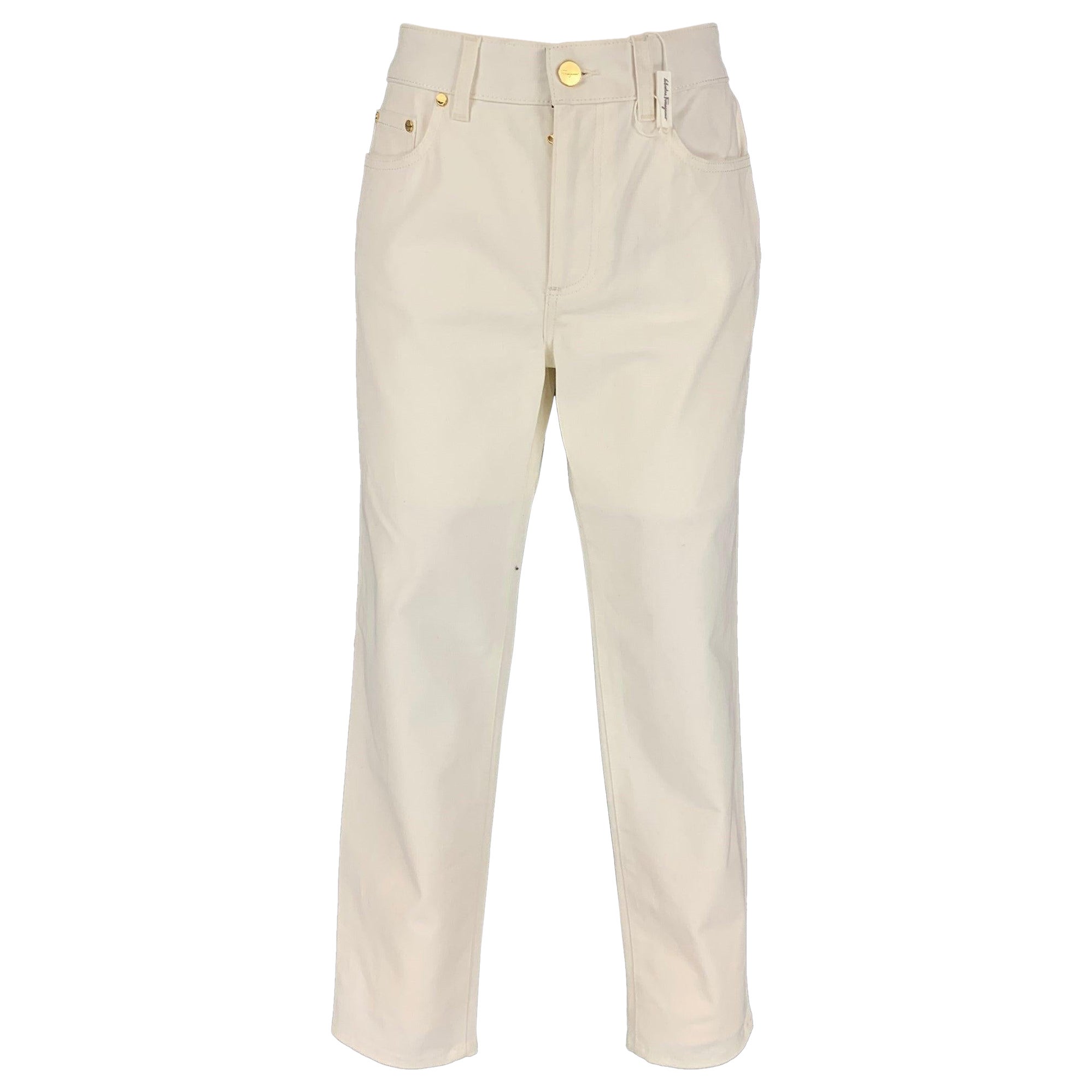 SALVATORE FERRAGAMO Size 6 White Cotton Zip Fly Jeans For Sale