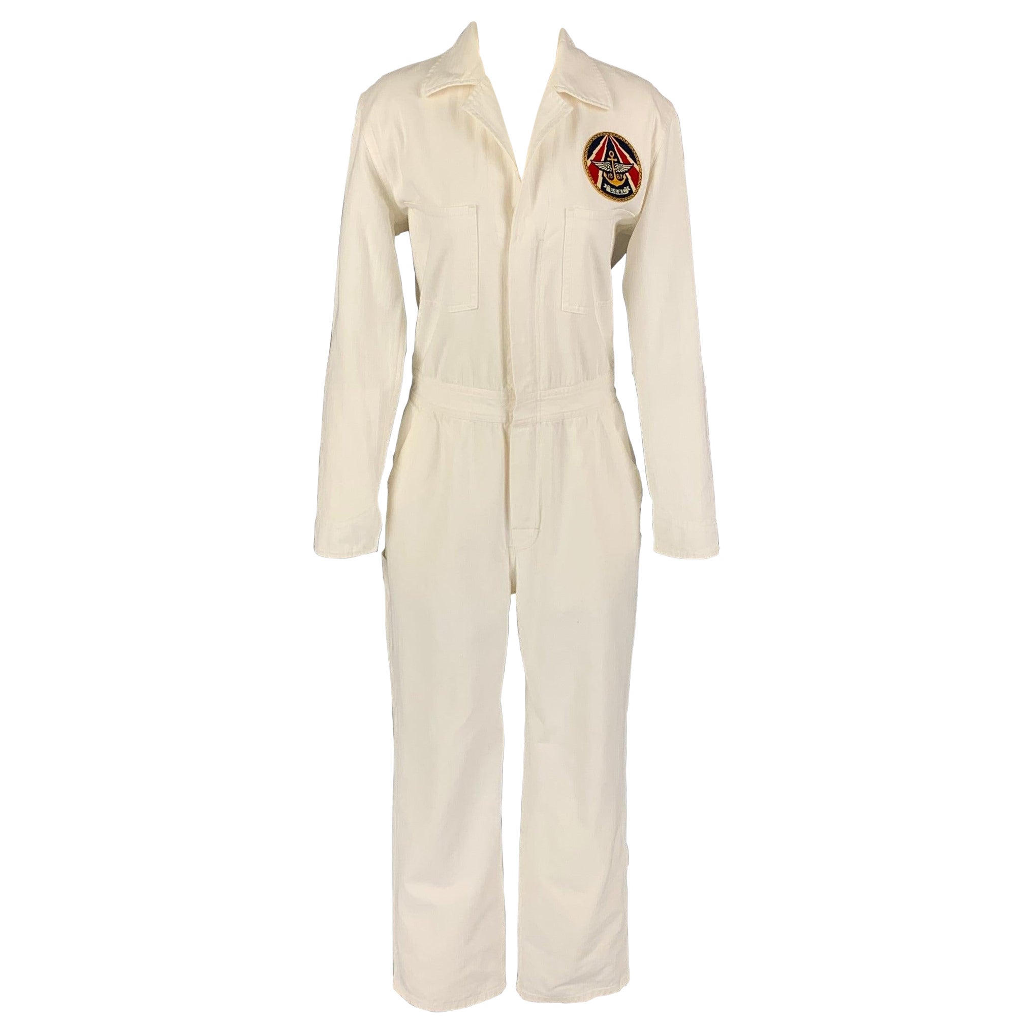 RALPH LAUREN Collection Size 8 Cream Cotton Long Sleeve Military Jumpsuit For Sale