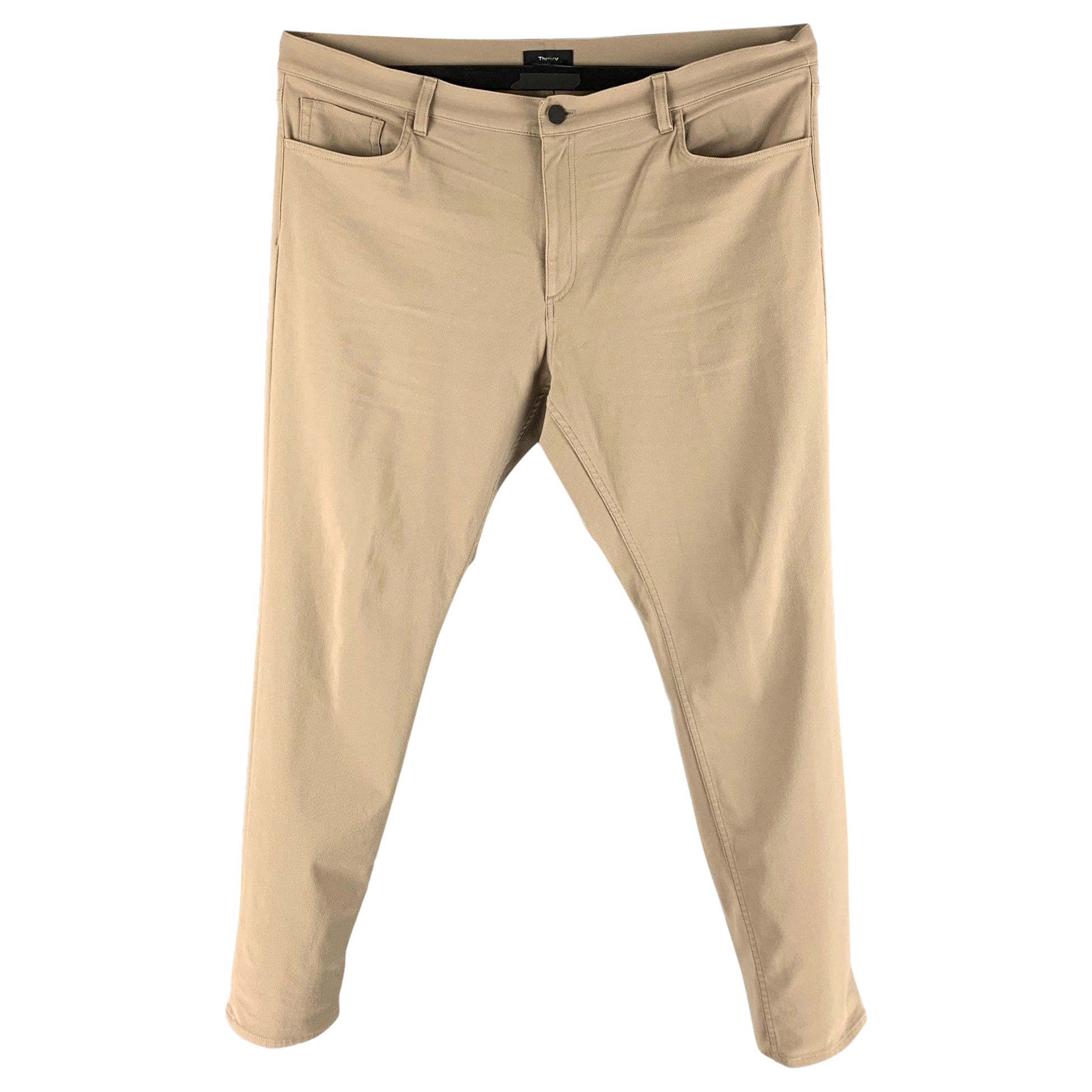 THEORY Size 40 Khaki Twill Cotton Blend Flat Front Casual Pants For Sale