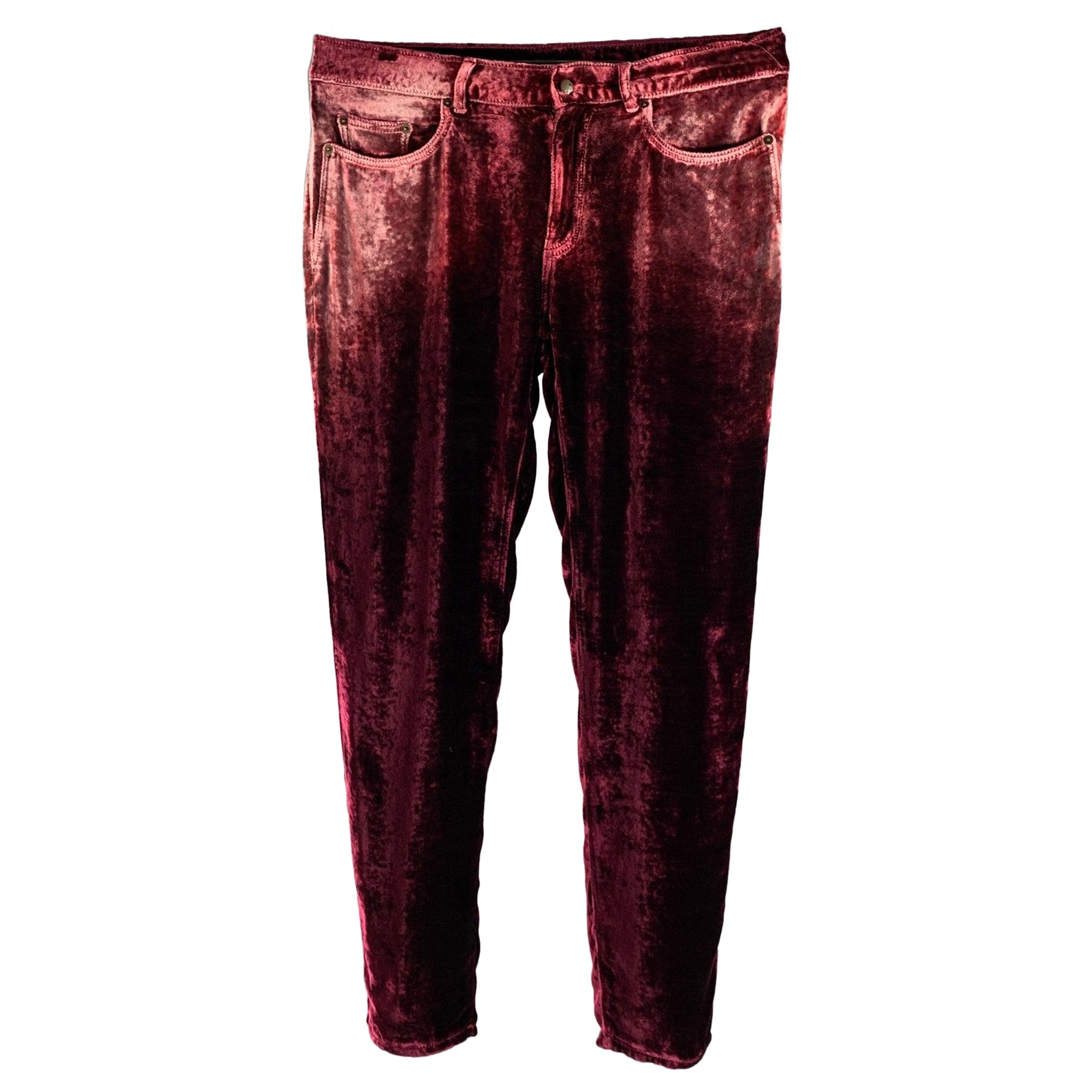SAINT LAURENT Size 33 Burgundy Velvet Viscose Silk Jean Cut Casual Pants For Sale
