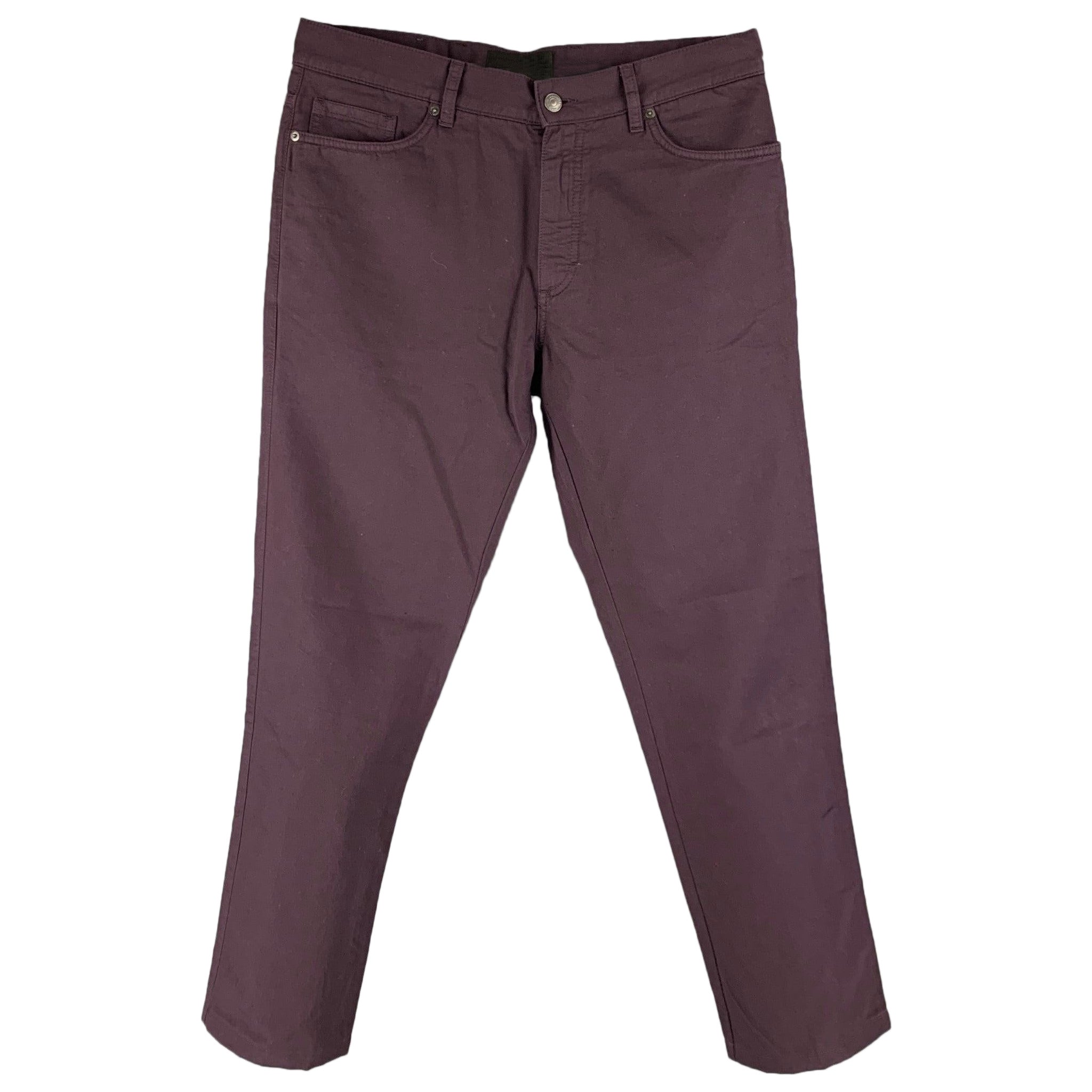ERMENEGILDO ZEGNA Taille 34 Pantalon casual coupé en jean de coton et lin massif couleur aubergine en vente