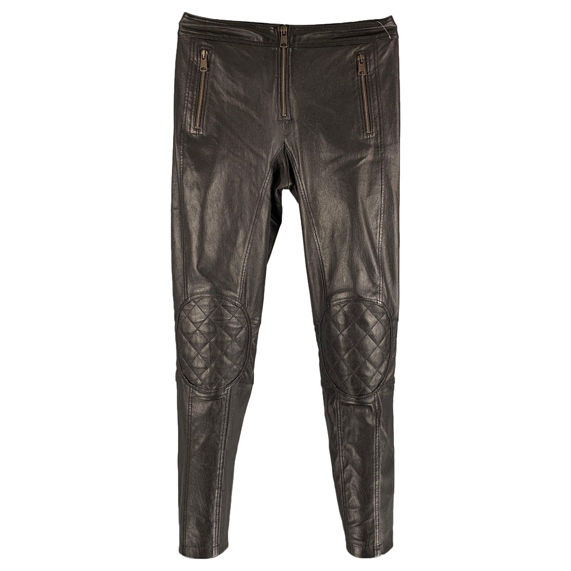 ALEXANDER MCQUEEN Size XS Black Leather Solid Zip Up Casual Pants For Sale