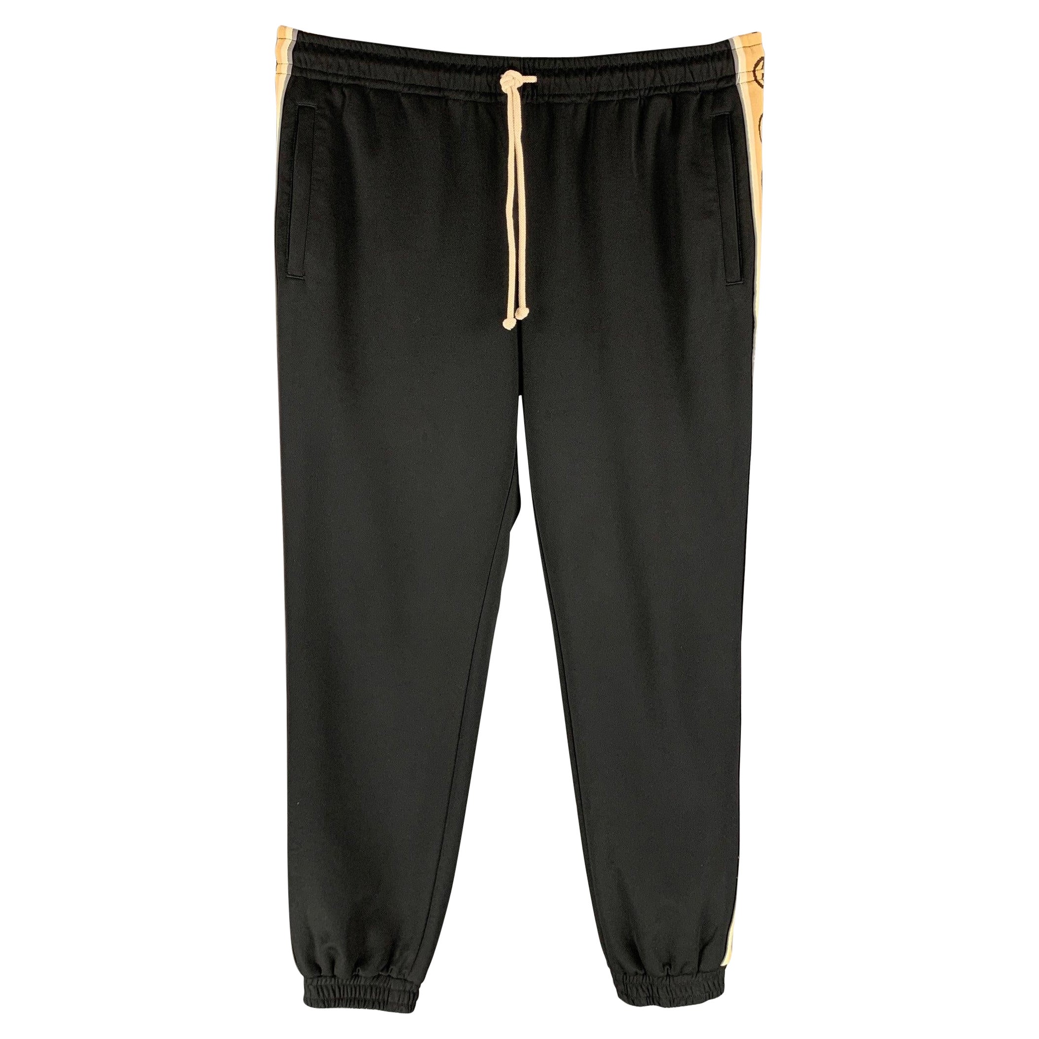 GUCCI Size L Black Khaki Monogram Polyester Cotton Sweatpants Casual Pants For Sale