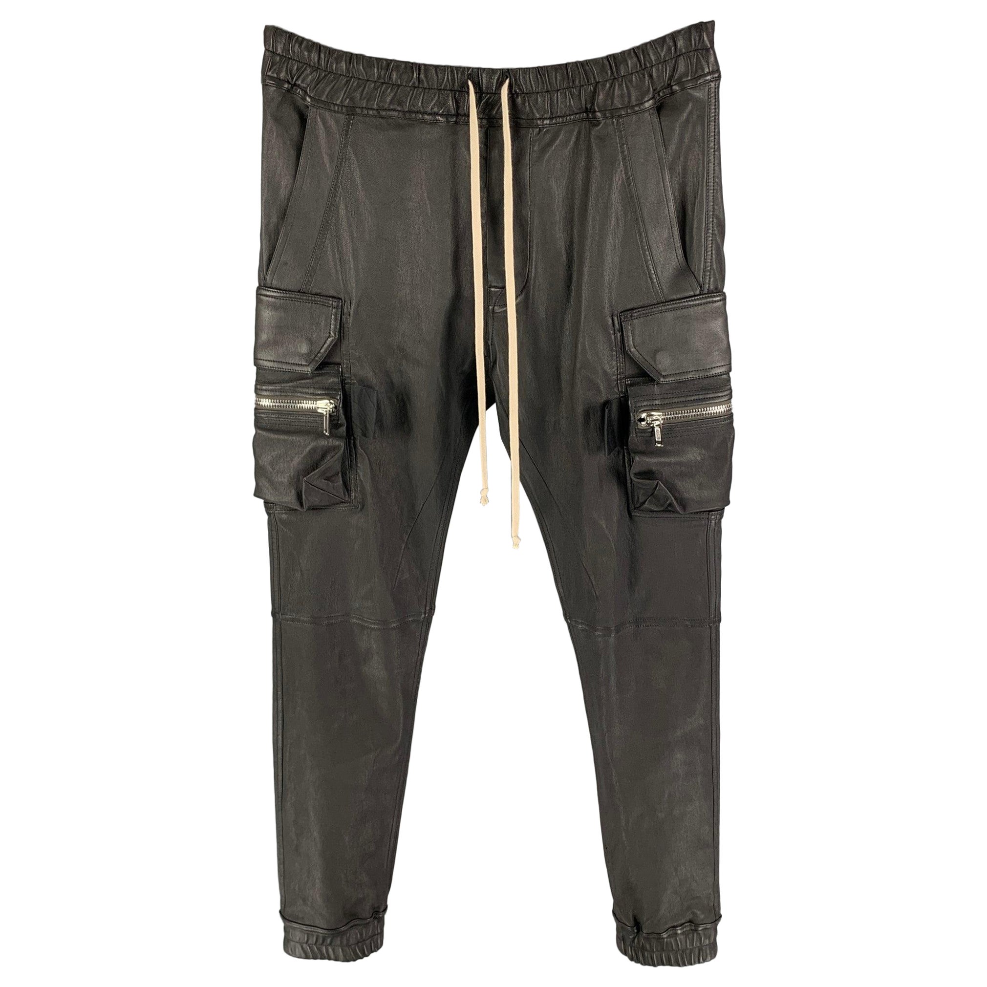 RICK OWENS Gethsemane FW 21 Size 34 Black Leather Mastodon Cargo Pants For Sale