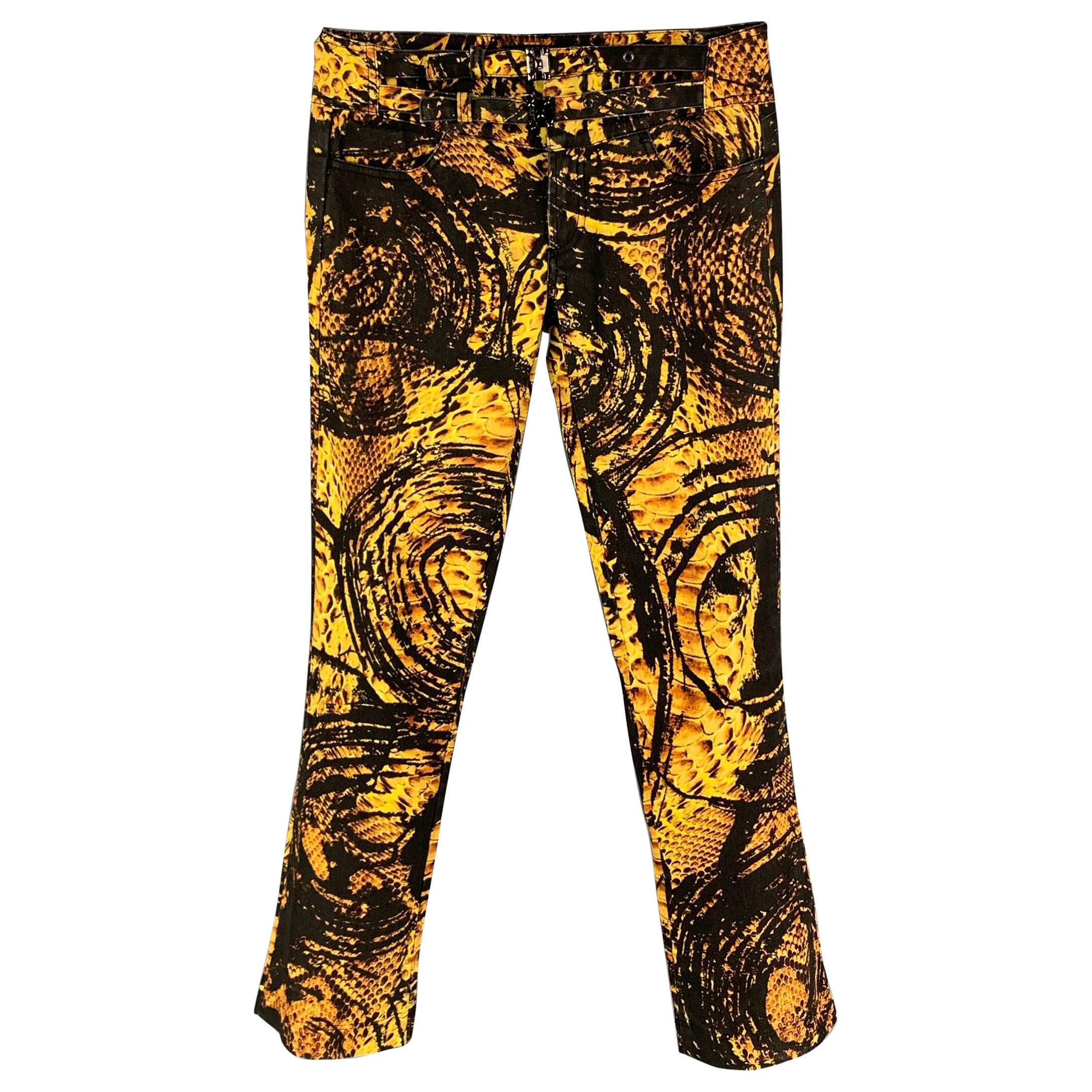 JUST CAVALLI Size 29 Yellow Black Graphic Print Cotton Zip Casual Pants For Sale