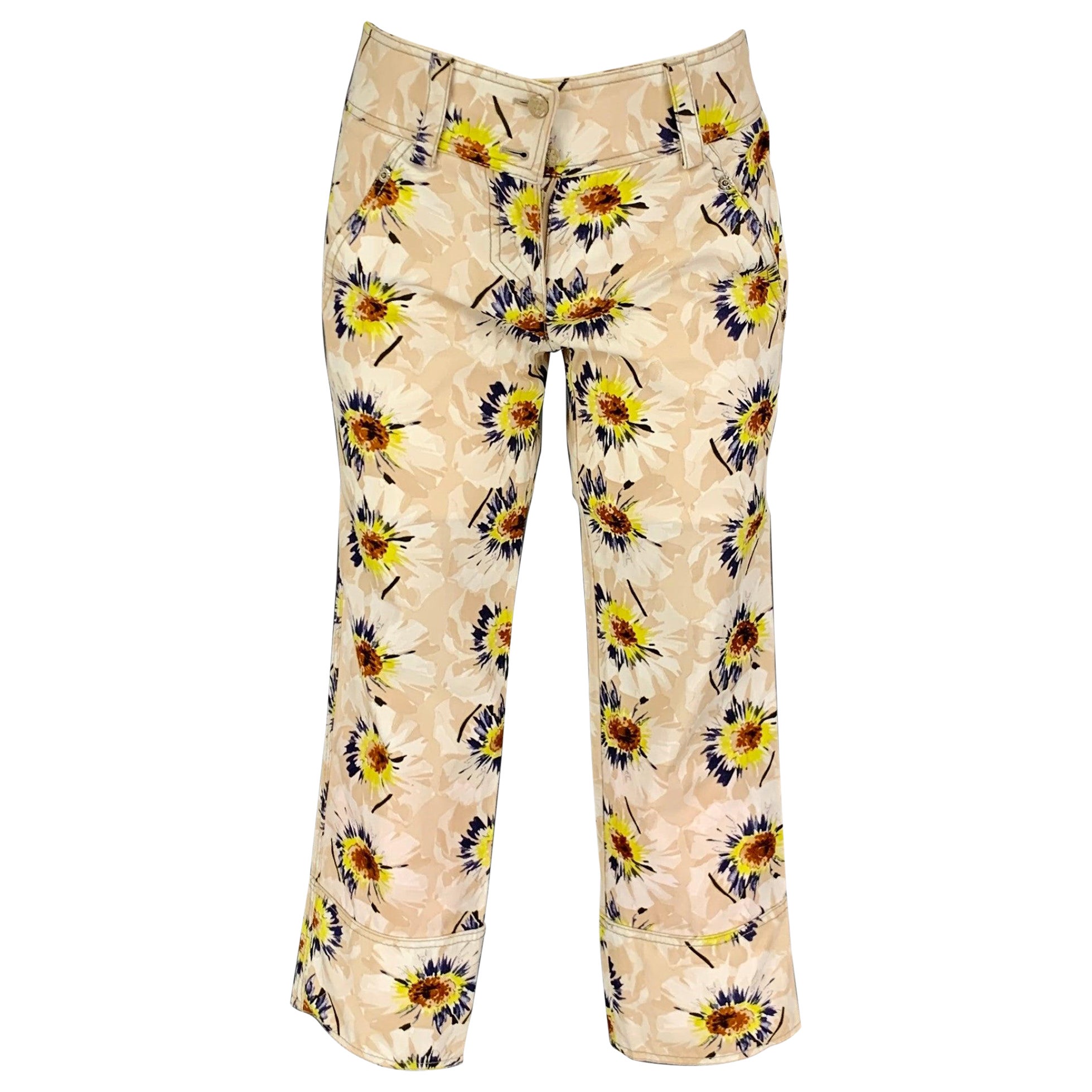 VALENTINO Size 2 Beige Multi-Color Cotton Floral Cropped Casual Pants For Sale