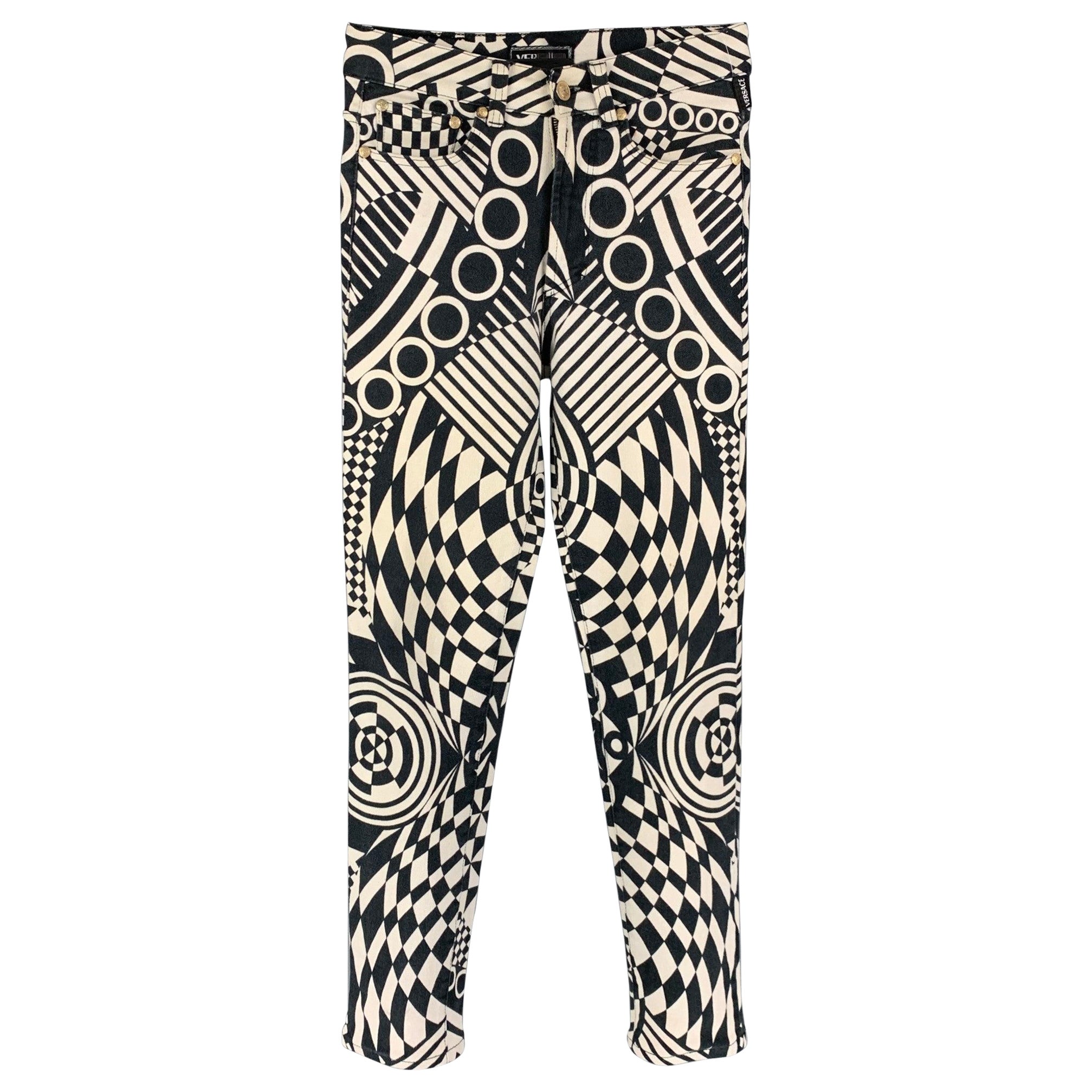 Vintage VERSACE JEANS COUTURE Size 32 Black White Abstract Print Cotton Pants For Sale