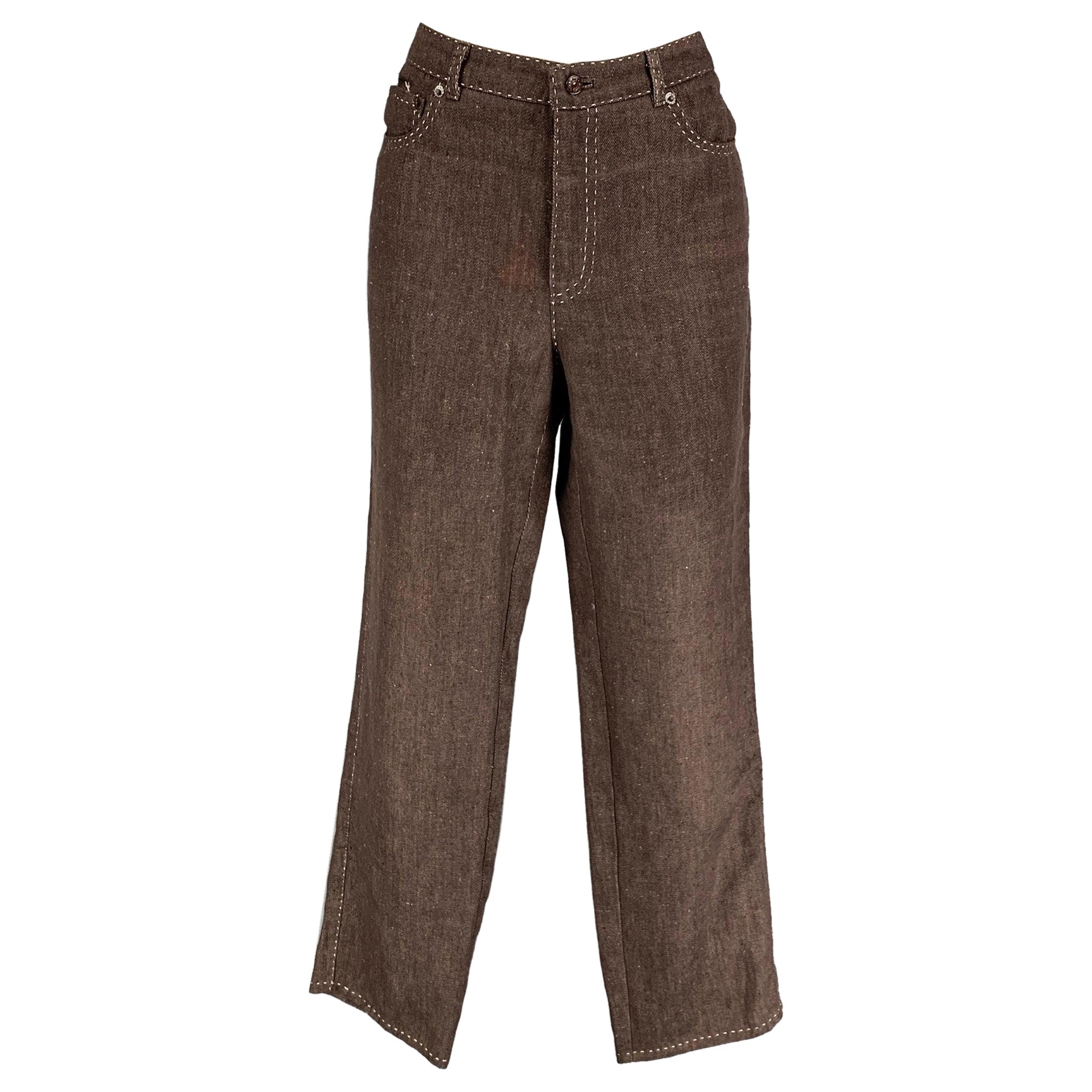 RALPH LAUREN Size 10 Brown White Linen Contrast Stitch Jean Casual Pants For Sale
