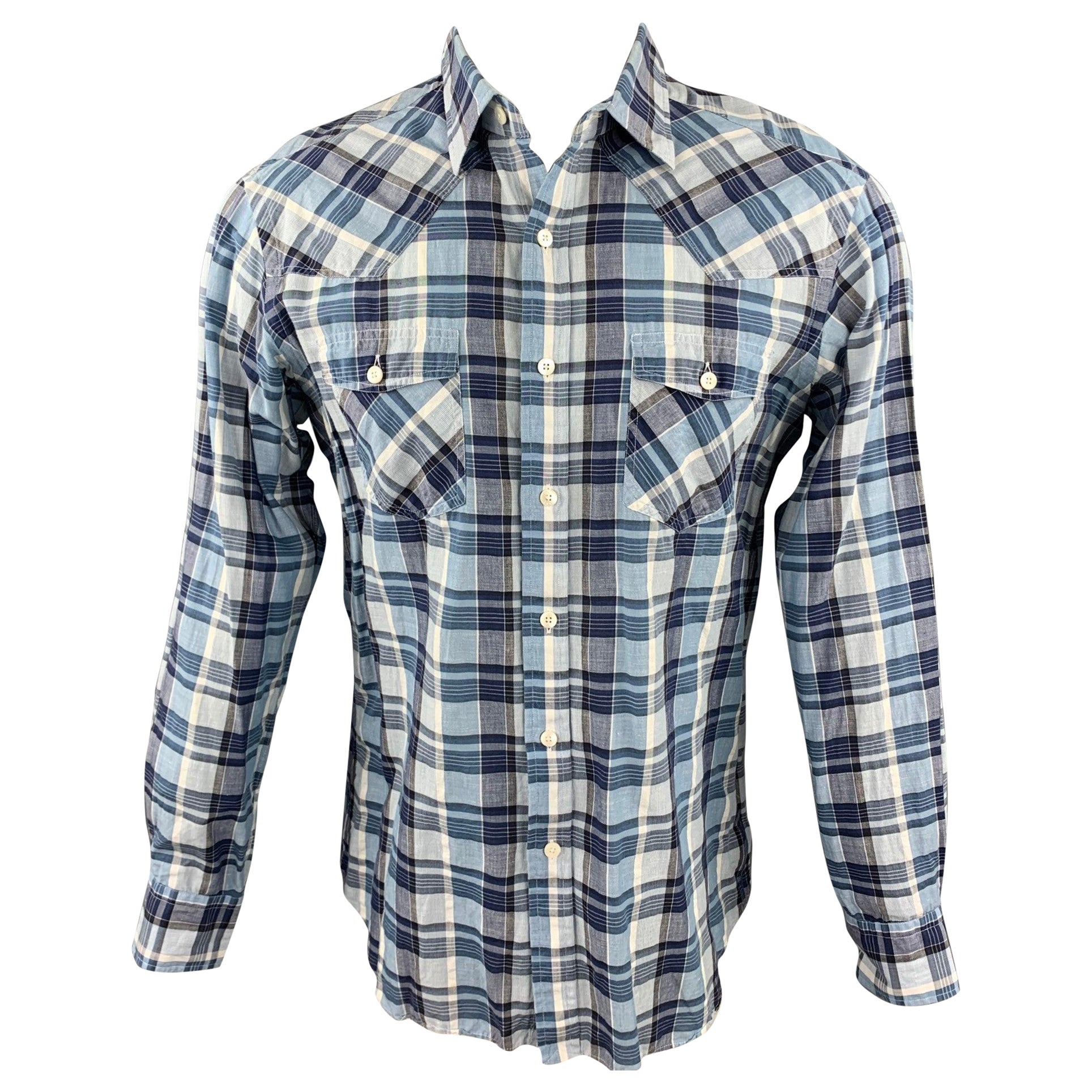 HAMILTON Size M Blue Plaid Cotton Patch Pockets Long Sleeve Shirt For Sale