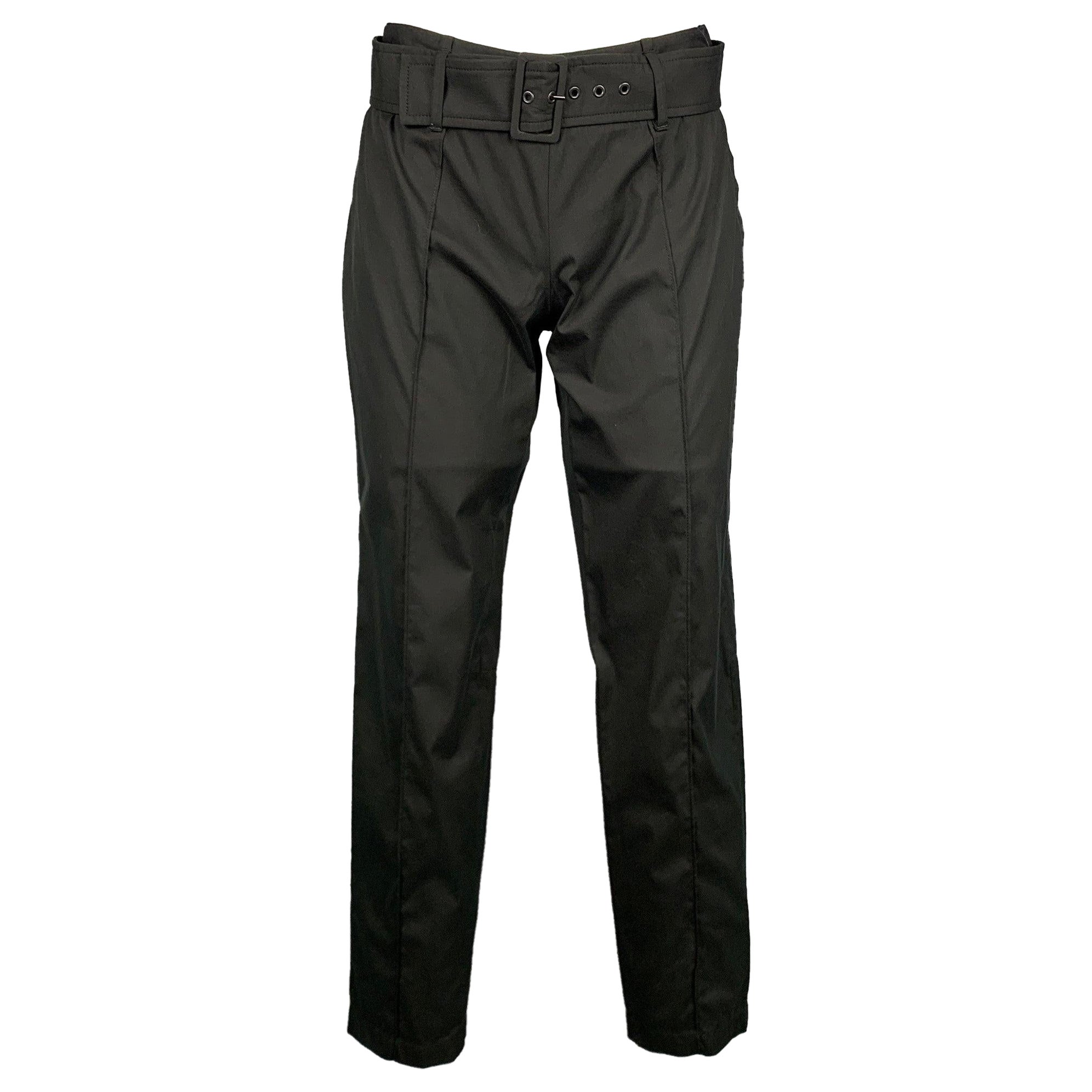PRADA Size 2 Black Poplin Cotton Blend Belted Casual Pants For Sale